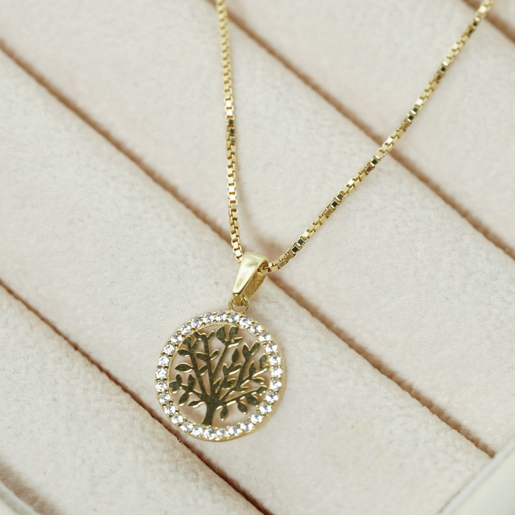 Yellow Gold zirconia Tree of Life Pendant Necklace