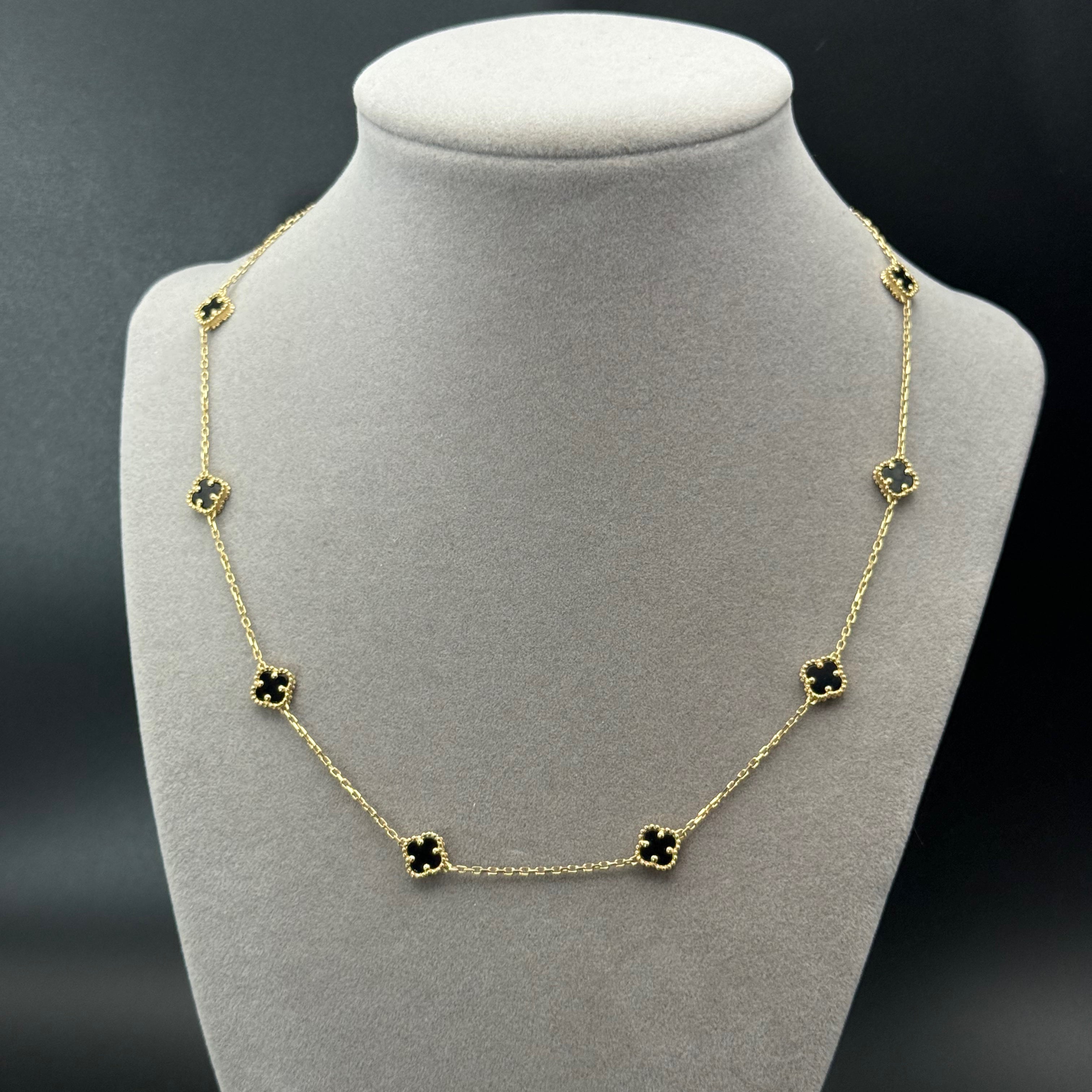 Onyx Clover Charm Necklace in Yellow Gold