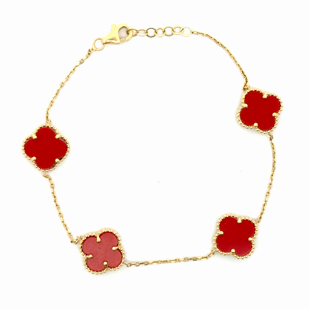 Elegant Yellow Gold Chain Bracelet with Red Clovers