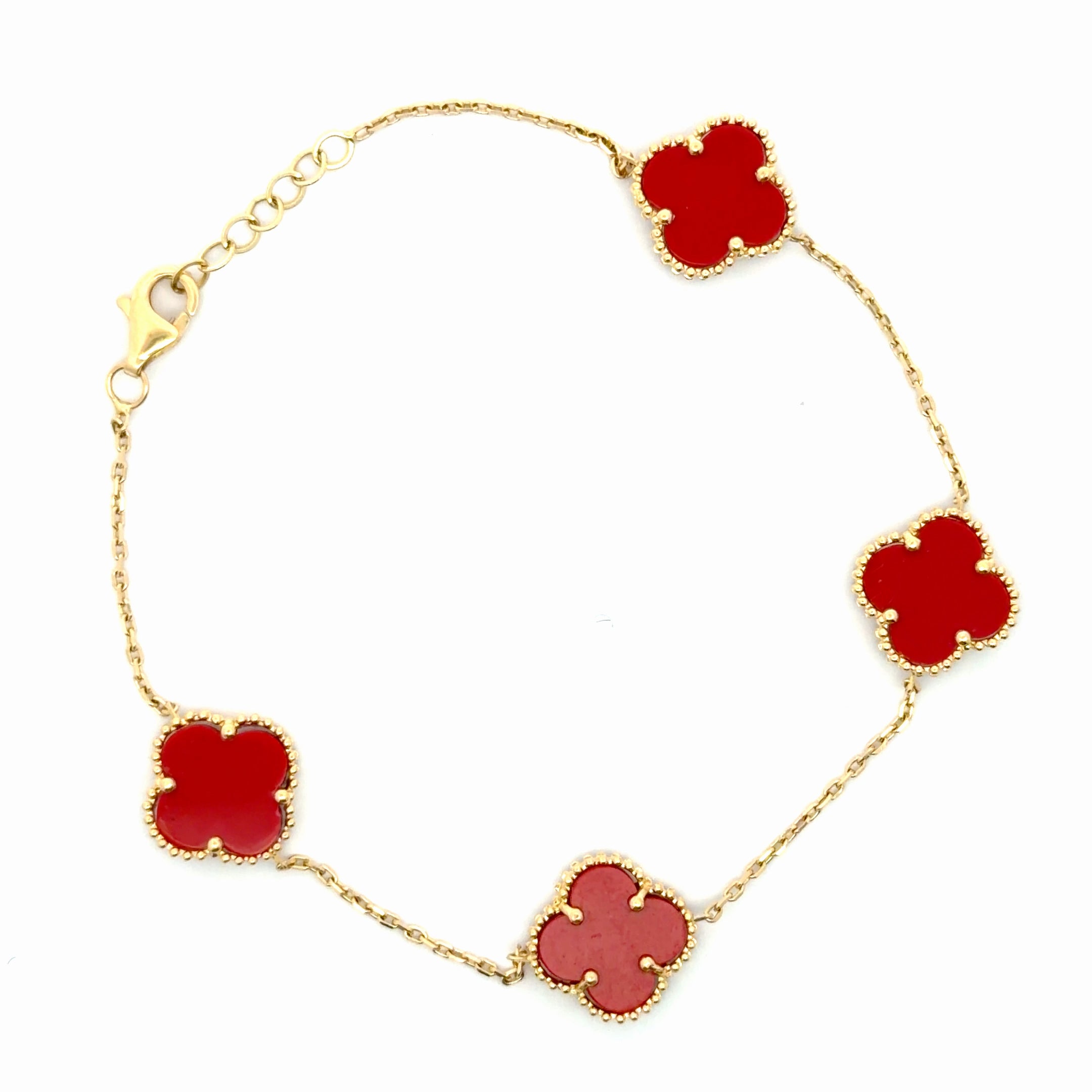 Elegant Yellow Gold Chain Bracelet with Red Clovers