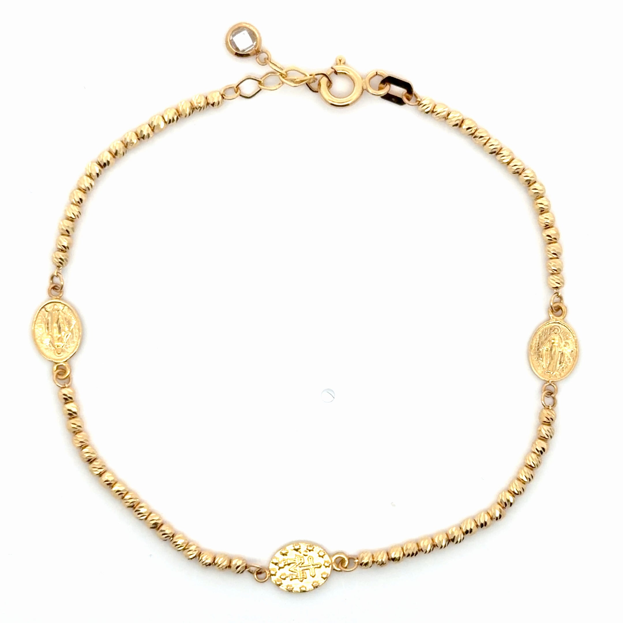 Yellow Gold Beaded Chain Bracelet with Religious Medallions
