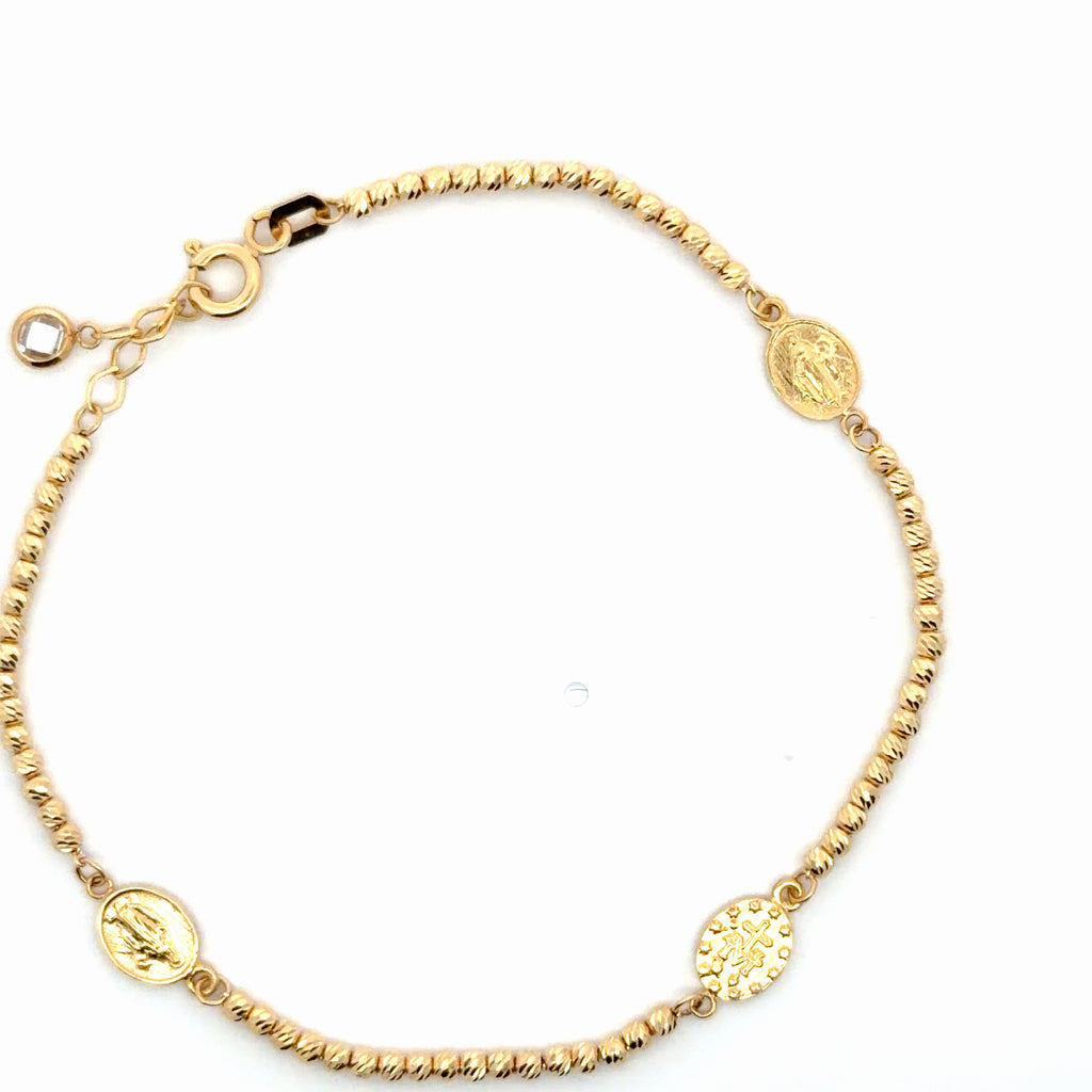 Yellow Gold Beaded Chain Bracelet with Religious Medallions