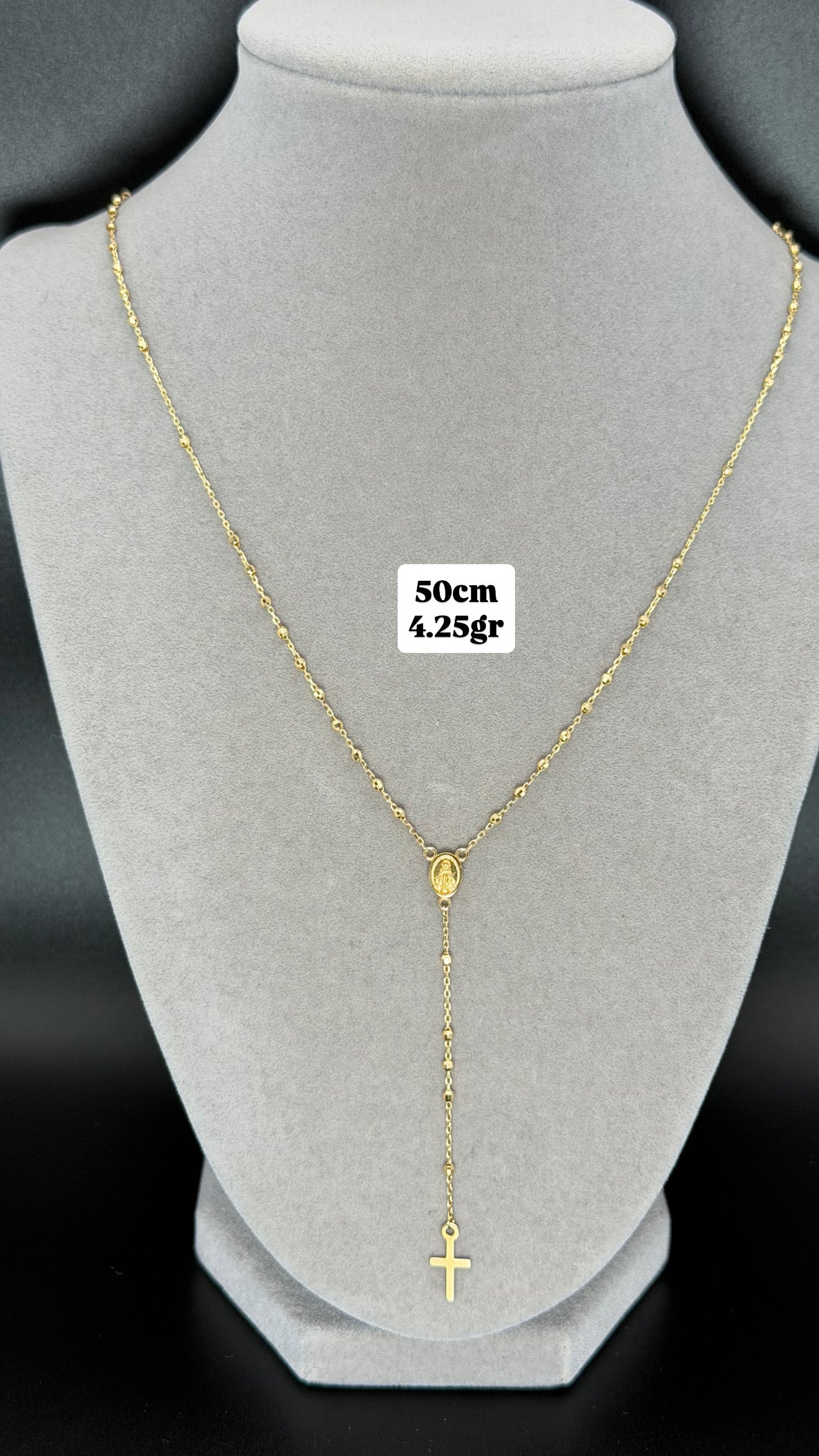 Yellow Gold Beaded Rosary Necklace with Cross Pendant