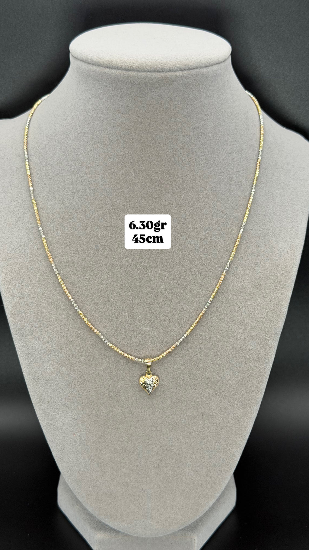 Tri-Color Gold Chain Necklace with Textured Heart Pendant