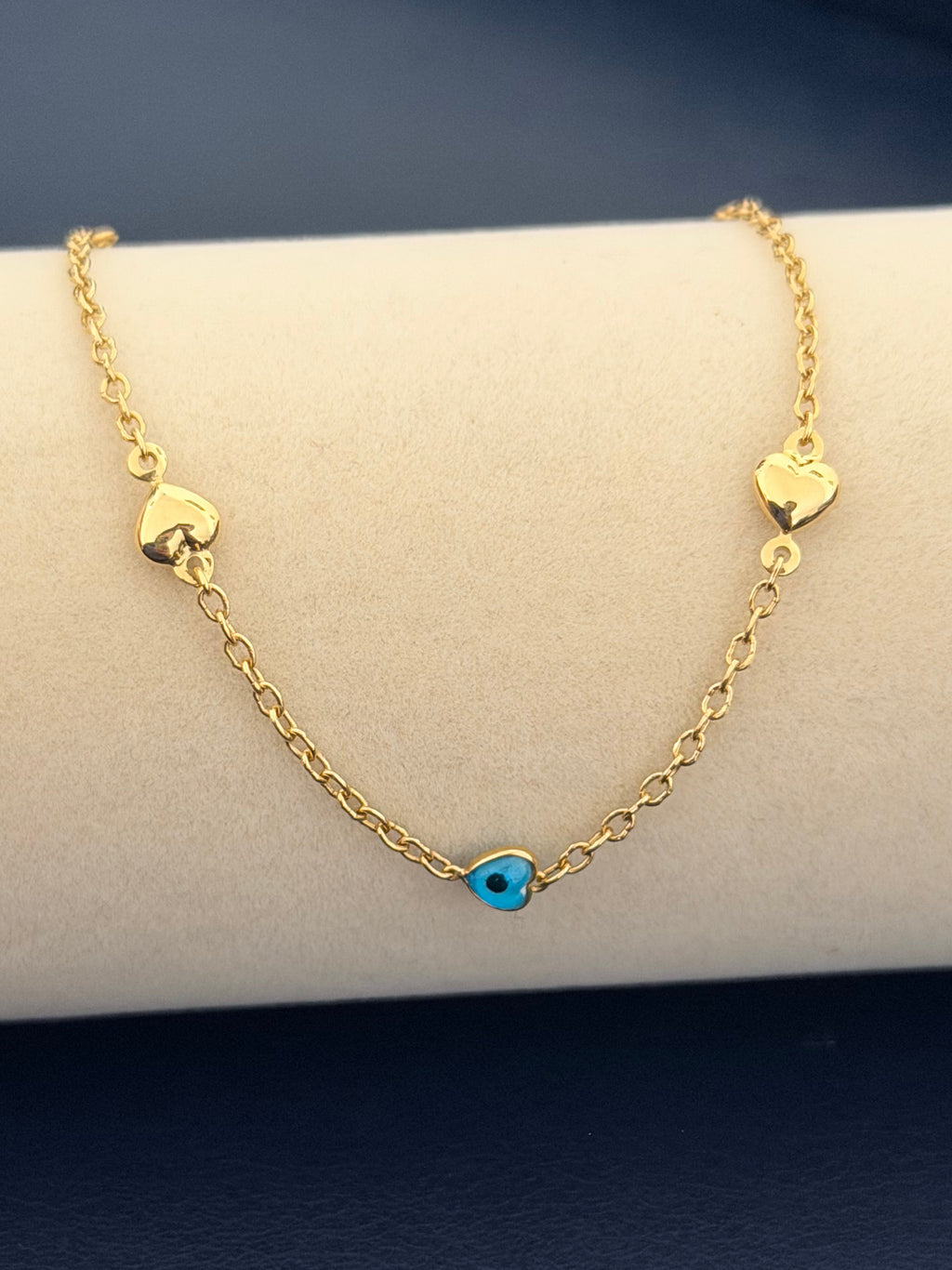 Yellow Gold Heart and Turquoise Evil Eye Charm Bracelet