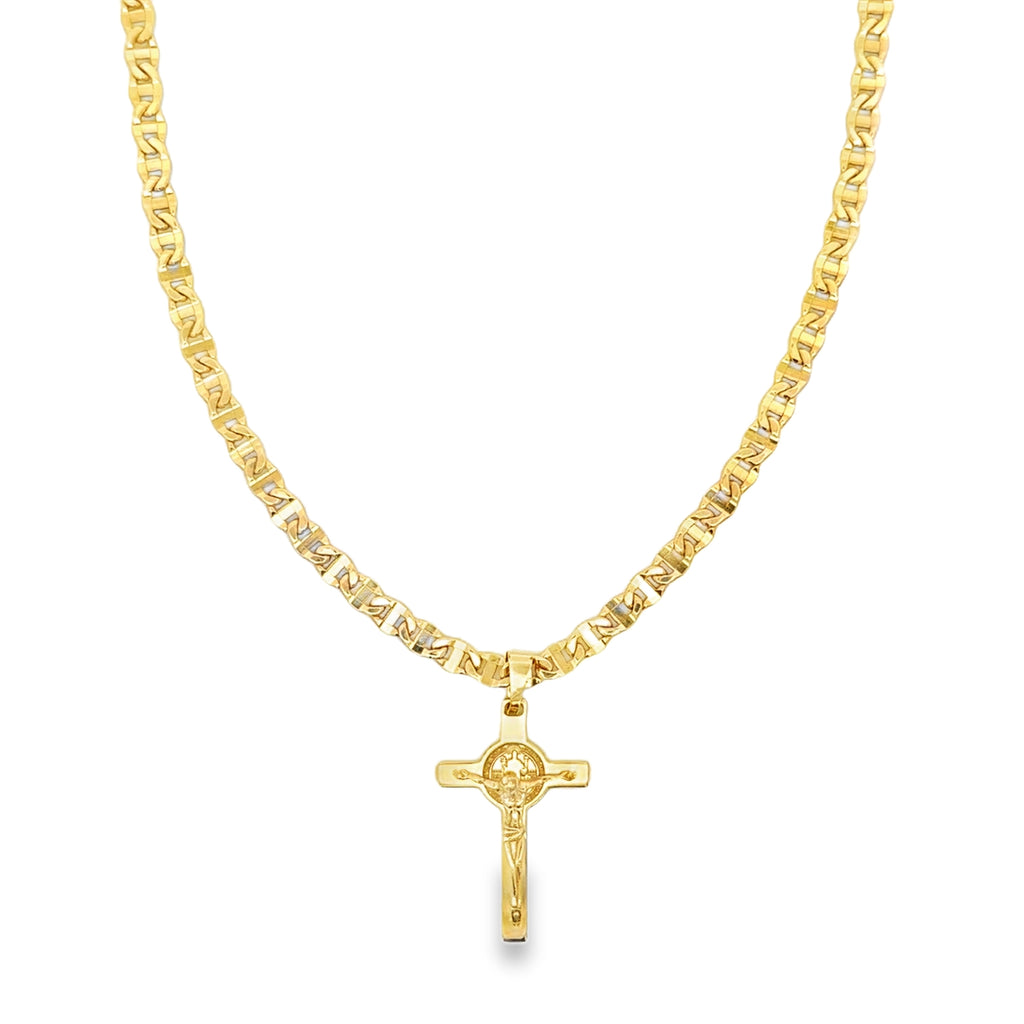 Yellow Gold Crucifix Pendant on Mariner Chain