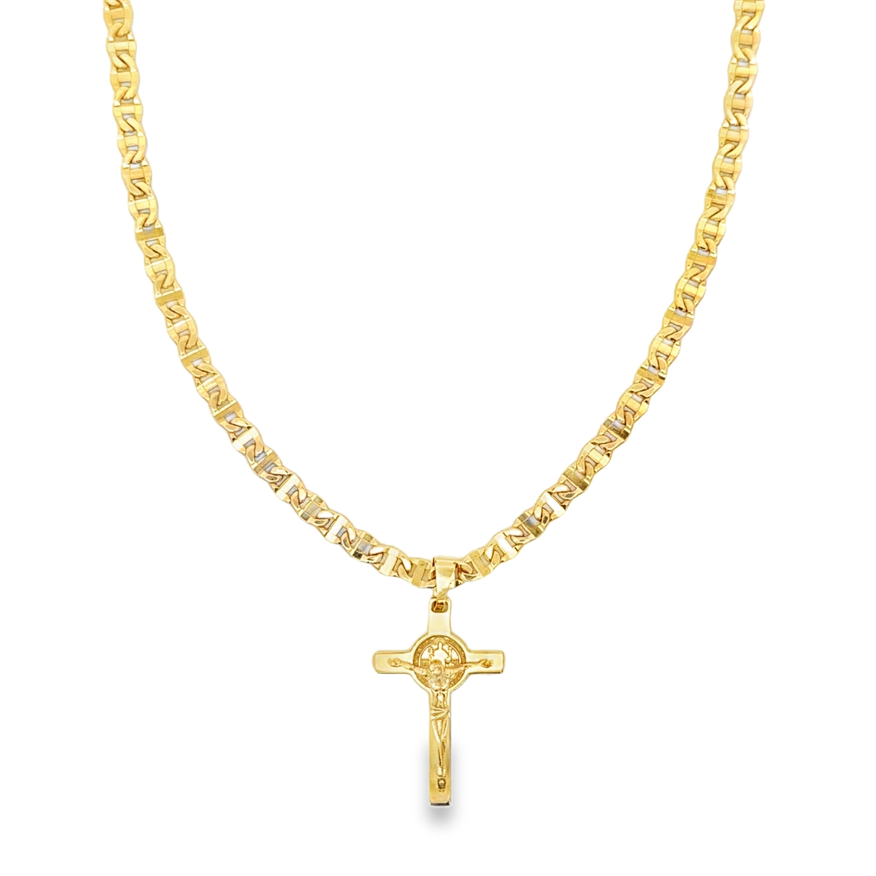 Yellow Gold Crucifix Pendant on Mariner Chain