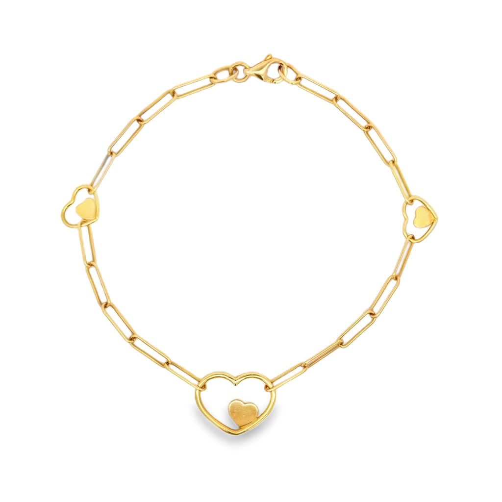 Yellow Gold Paperclip Chain Heart Charm Bracelet