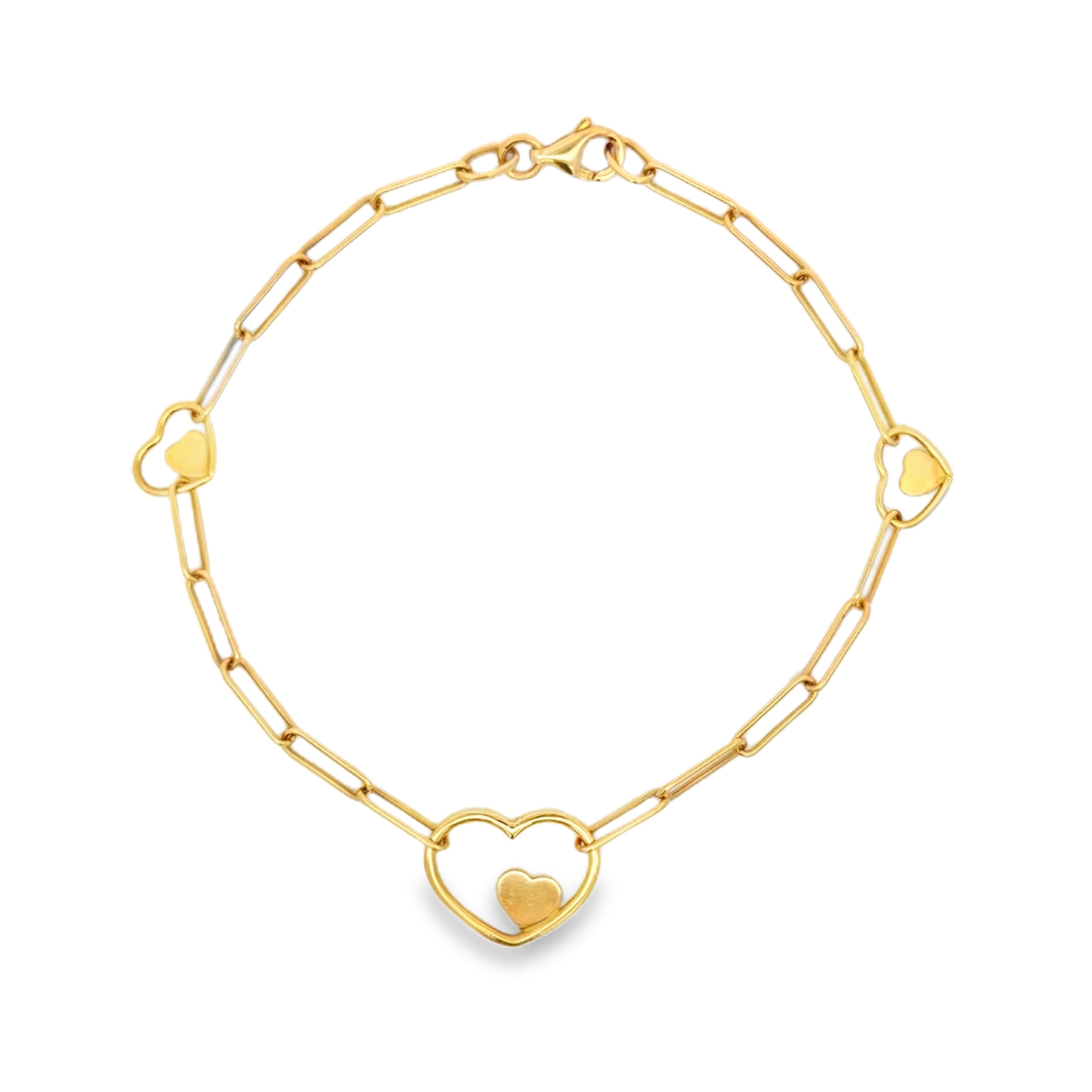Yellow Gold Paperclip Chain Heart Charm Bracelet