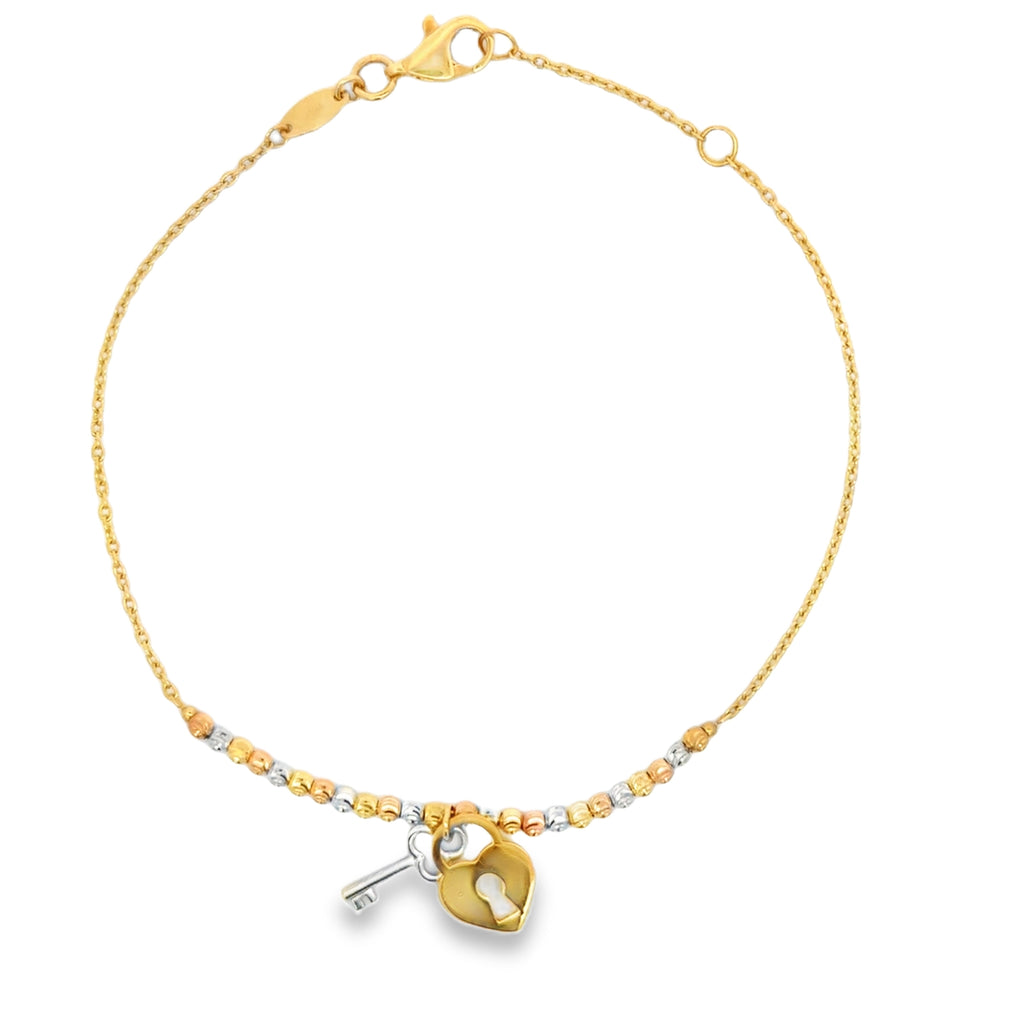 Yellow Gold Heart Lock and Key Charm Bracelet