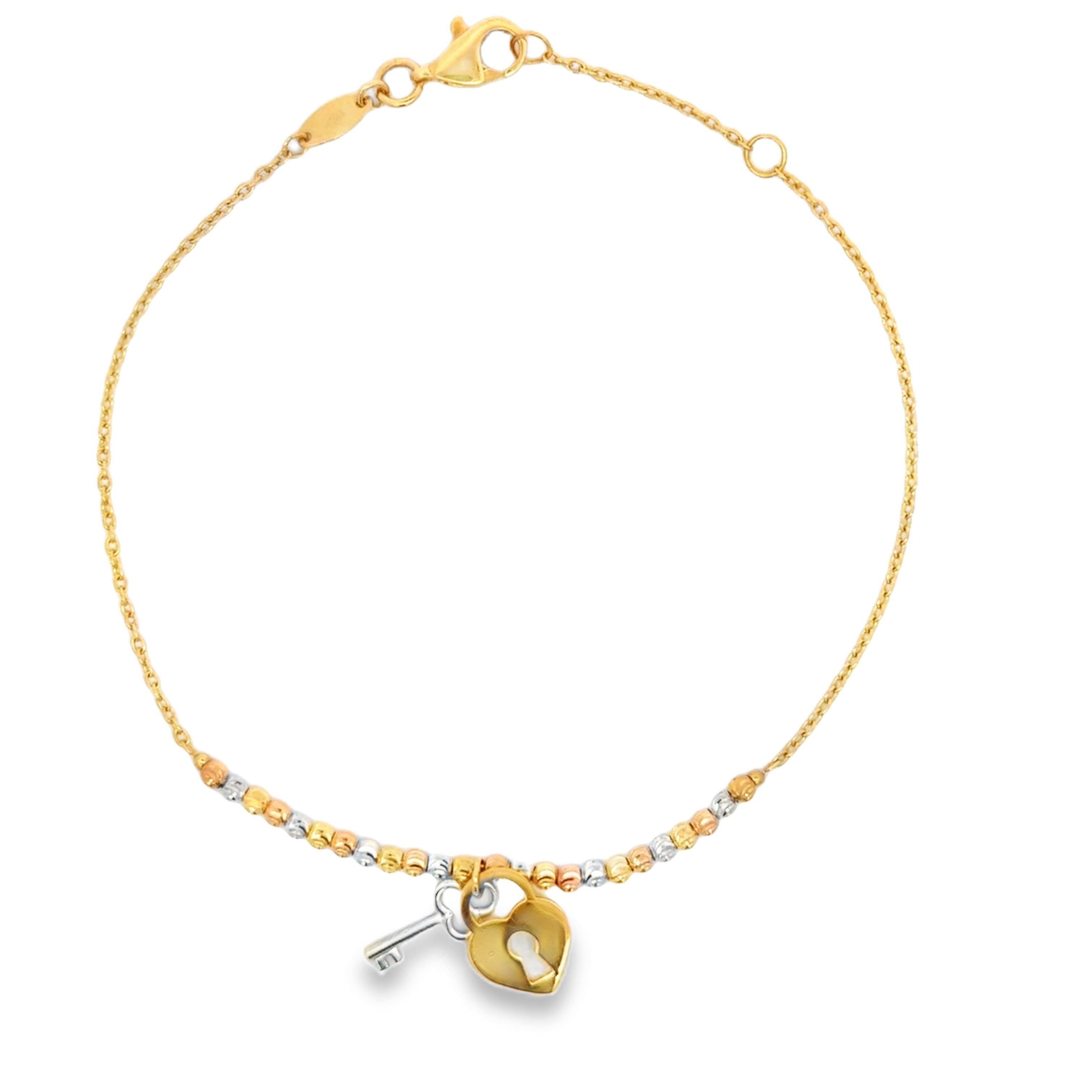 Yellow Gold Heart Lock and Key Charm Bracelet