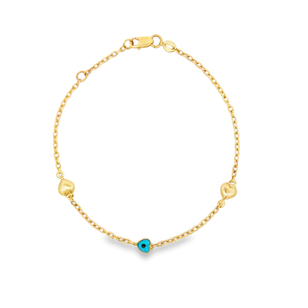 Yellow Gold Heart and Turquoise Evil Eye Charm Bracelet