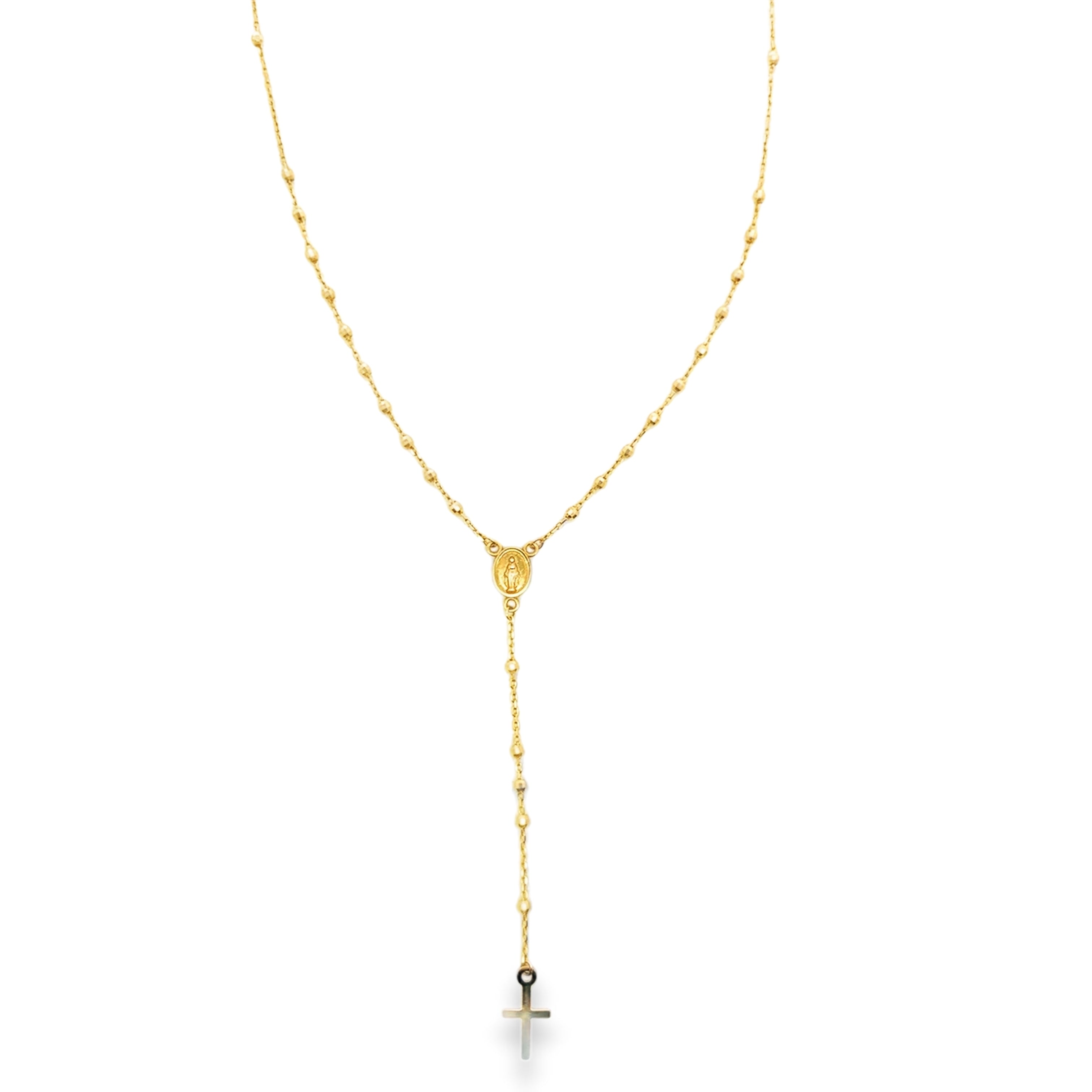 Yellow Gold Beaded Rosary Necklace with Cross Pendant
