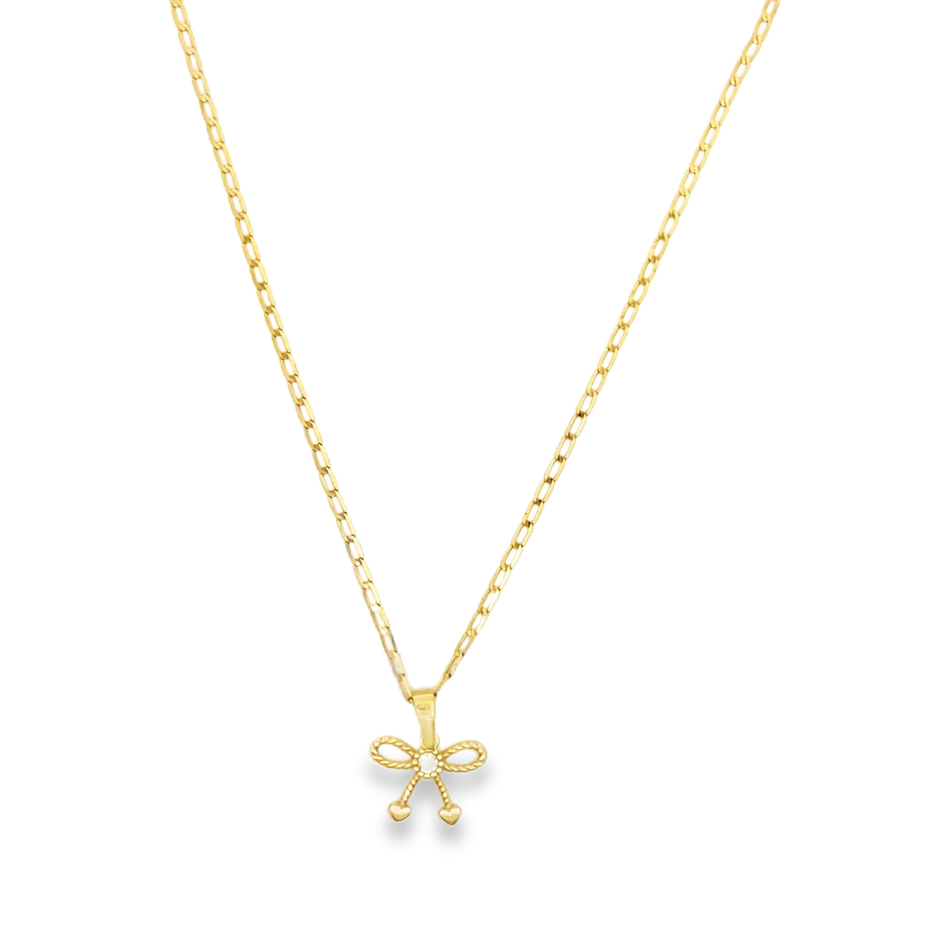 Yellow Gold zirconia  Bow Pendant Necklace with Heart Charms