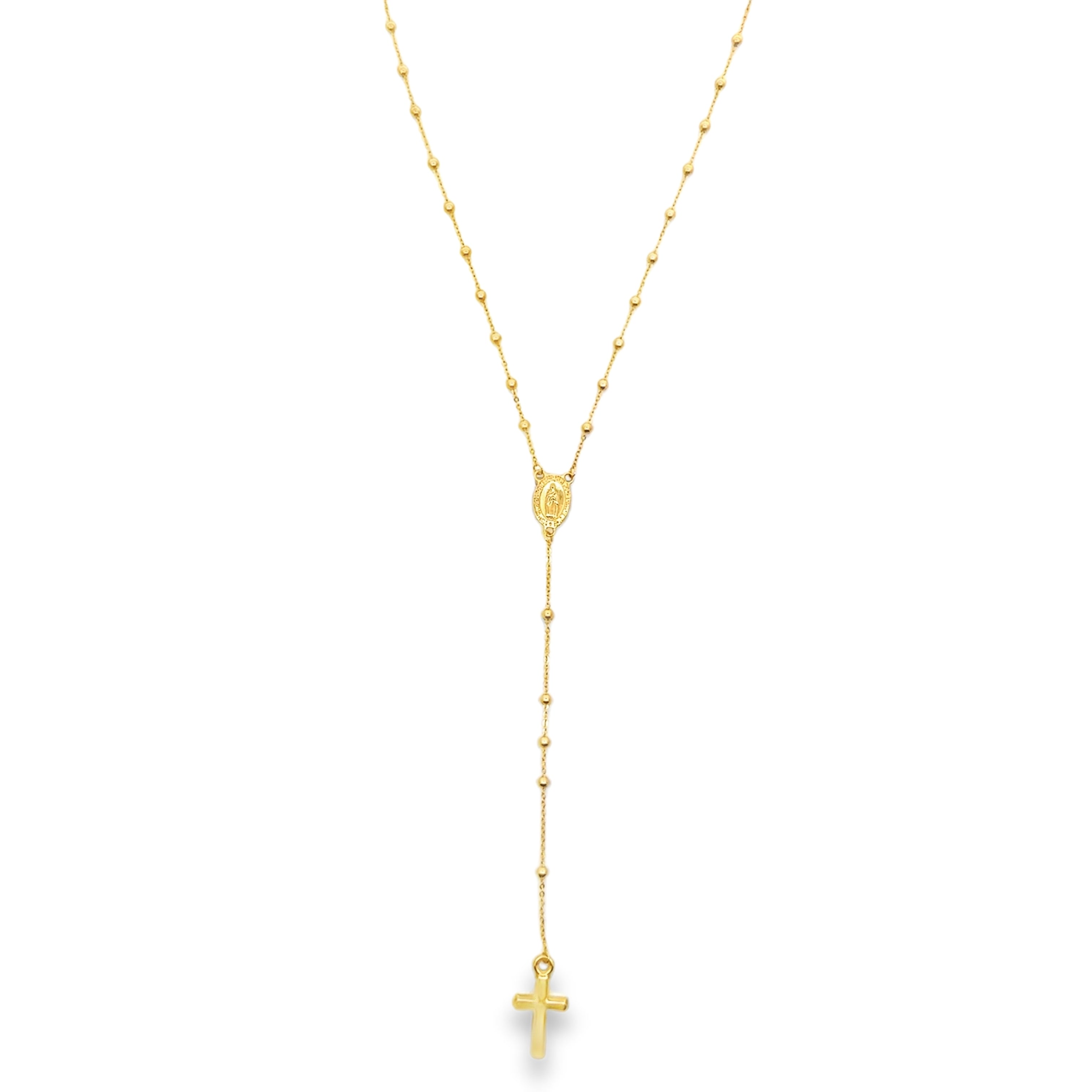 Yellow Gold Beaded Rosary Y-Necklace with Cross Pendant