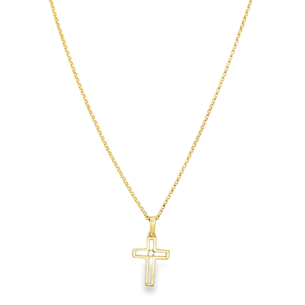 Yellow Gold Open Cross Pendant Necklace with zirconia Accent