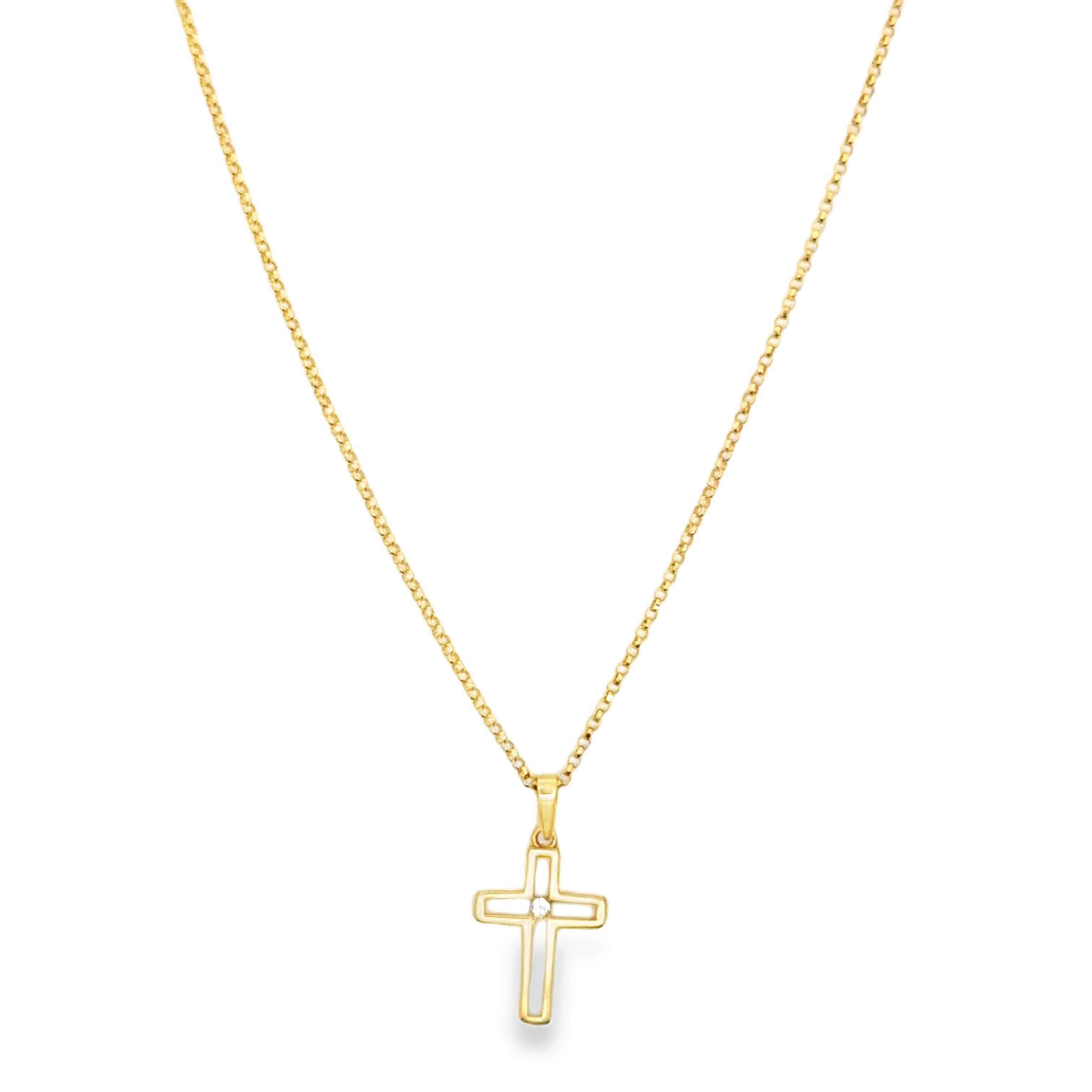 Yellow Gold Open Cross Pendant Necklace with zirconia Accent