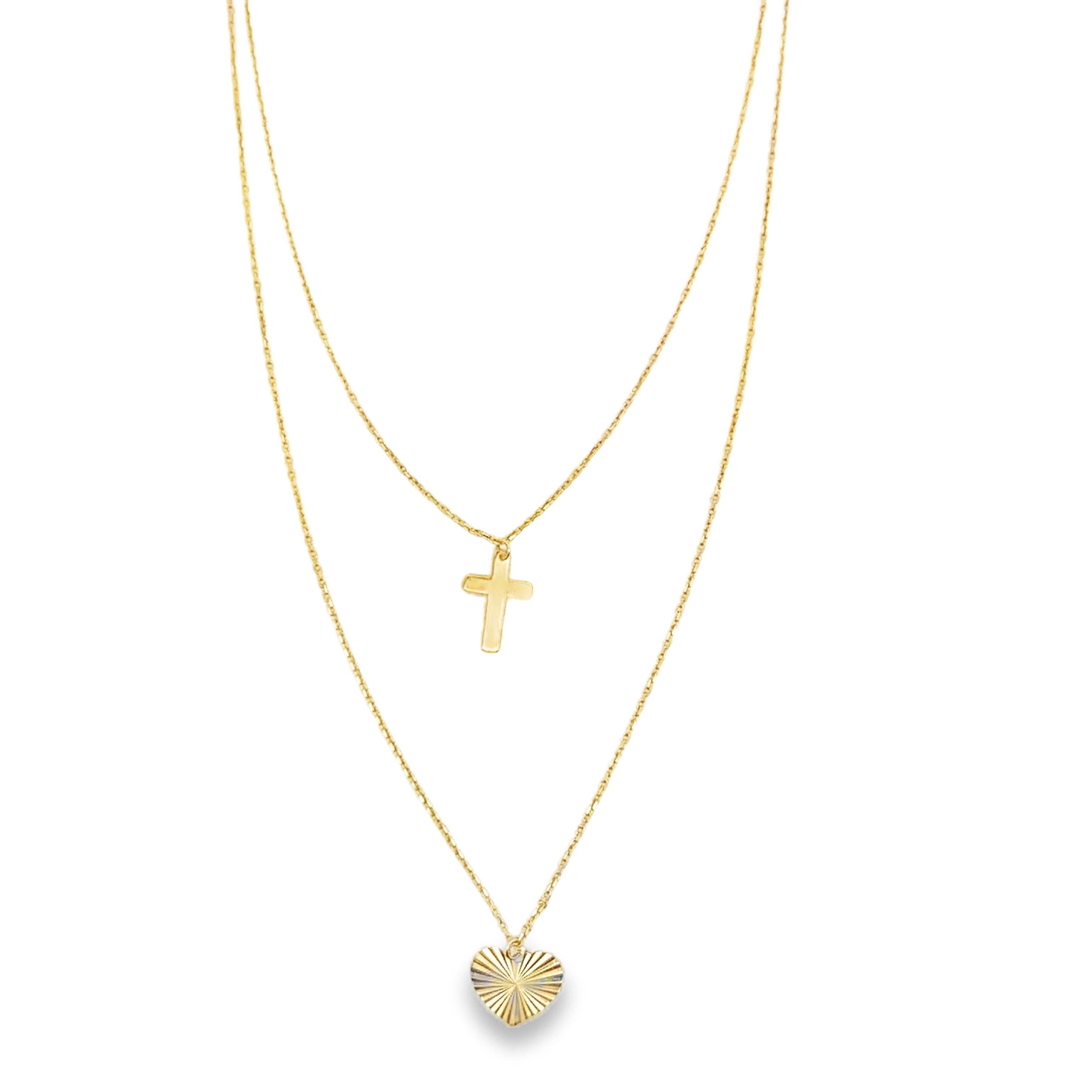 Yellow Gold Layered Cross and Textured Heart Necklace