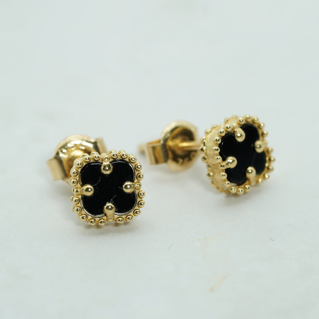 Yellow Gold Onyx Clover Stud Earrings
