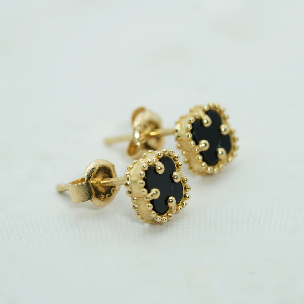 Yellow Gold Onyx Clover Stud Earrings