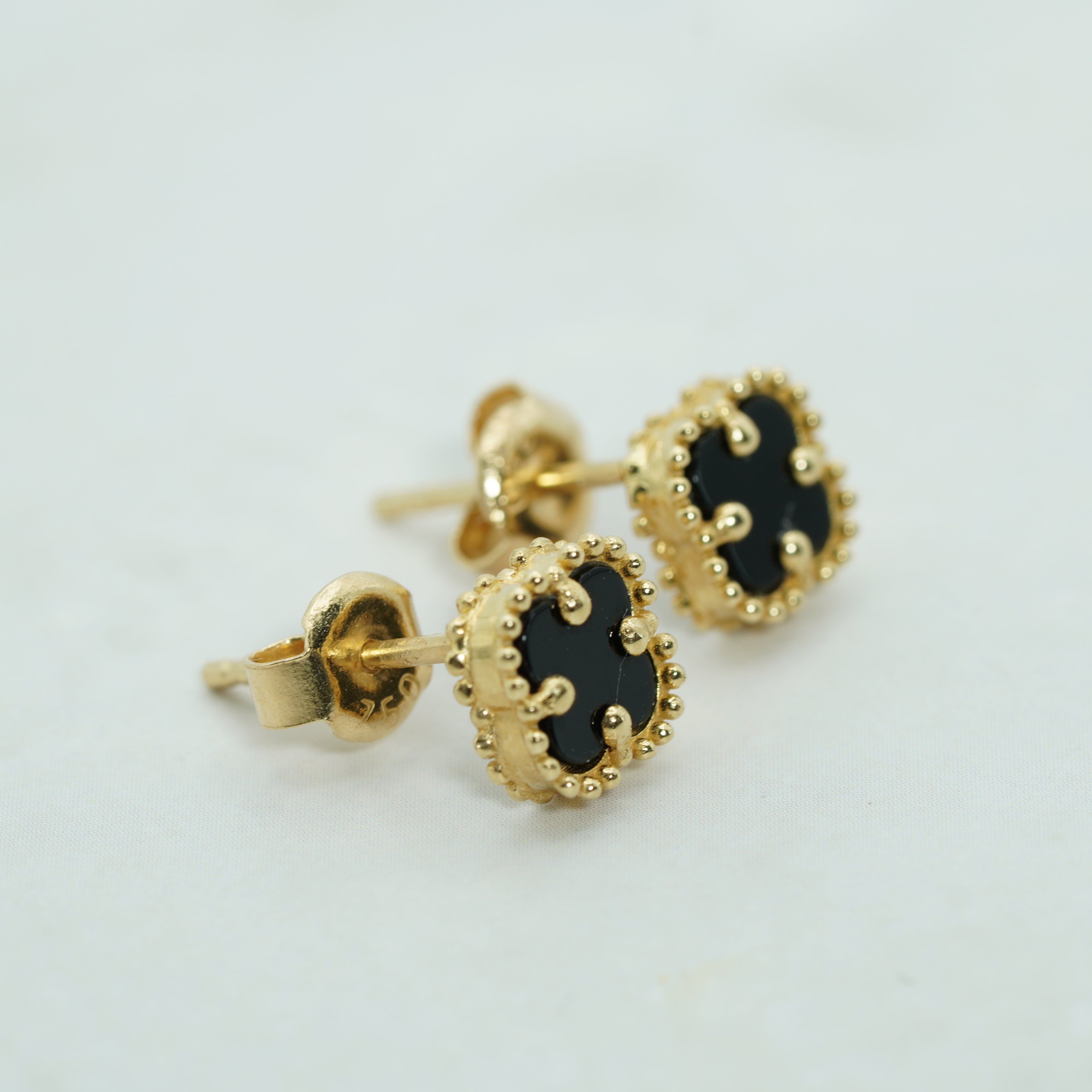 Yellow Gold Onyx Clover Stud Earrings