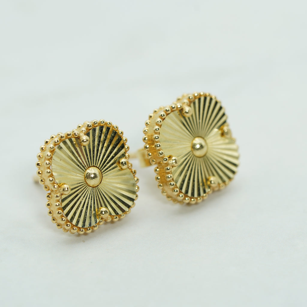 Yellow Gold Textured Clover Motif Stud Earrings