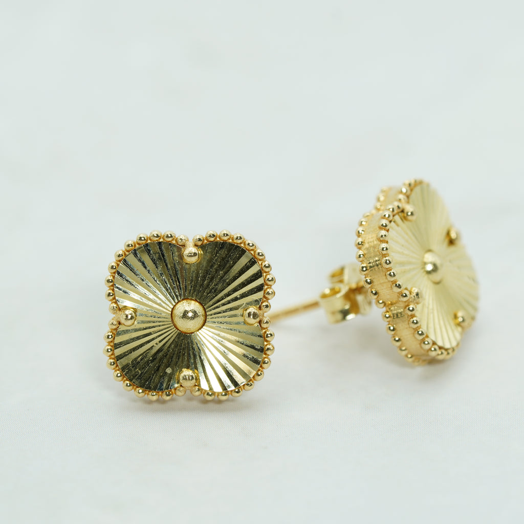 Yellow Gold Textured Clover Motif Stud Earrings