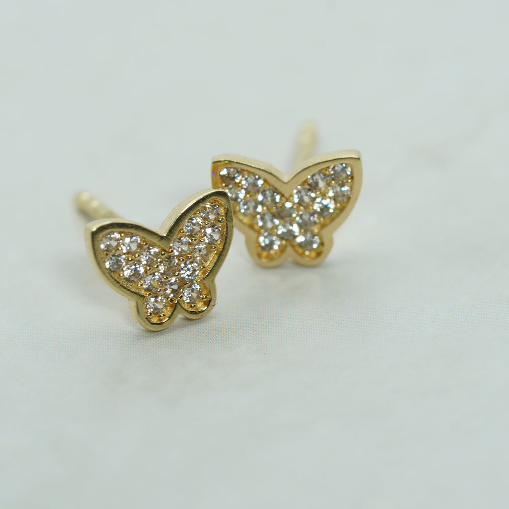 Pave Zircon Butterfly Stud Earrings in Yellow Gold