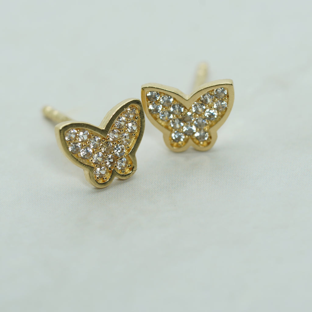 Pave Zircon Butterfly Stud Earrings in Yellow Gold