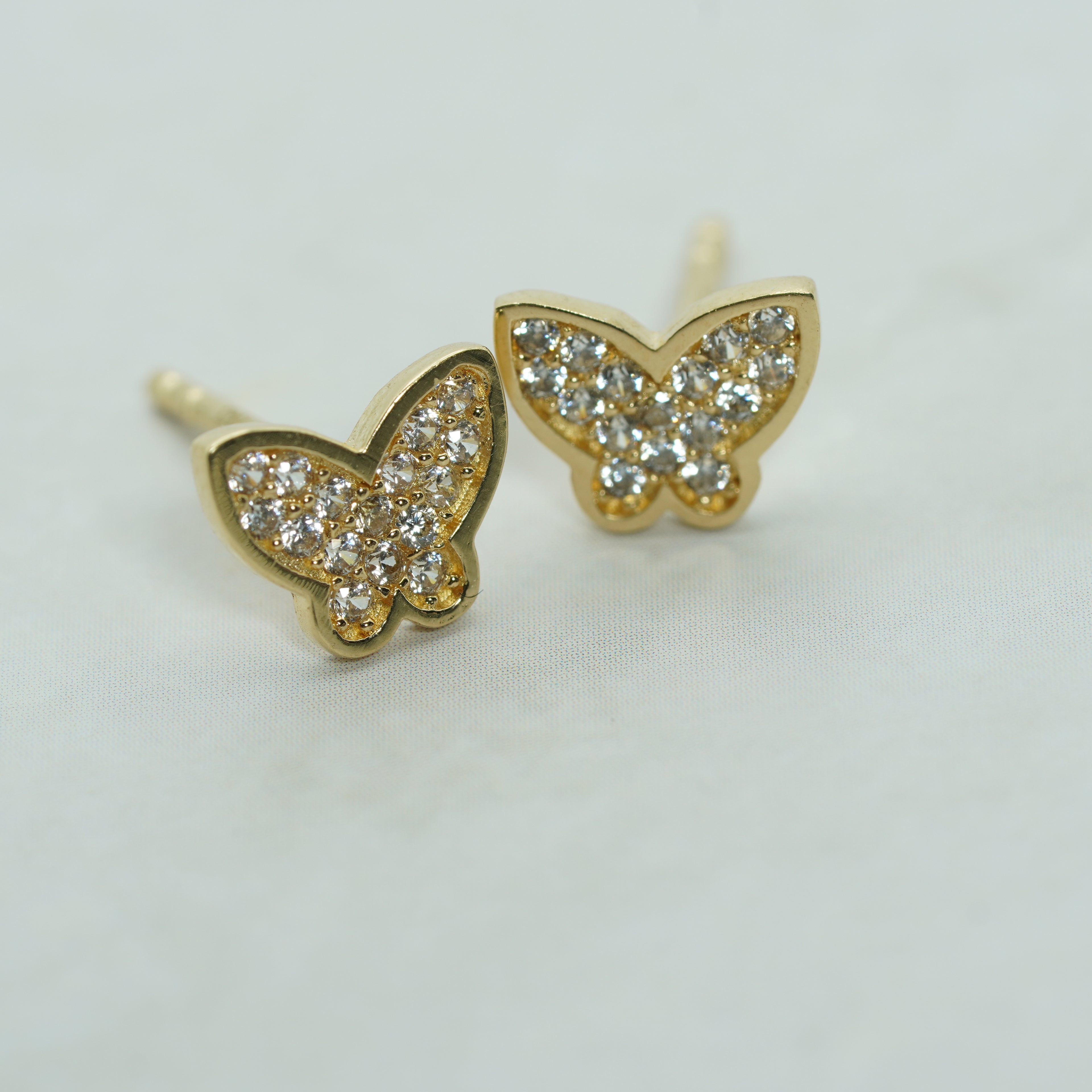 Pave Zircon Butterfly Stud Earrings in Yellow Gold