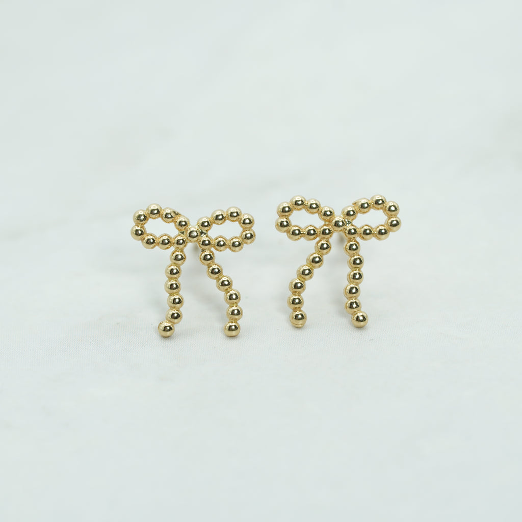 Yellow Gold Beaded Bow Stud Earrings