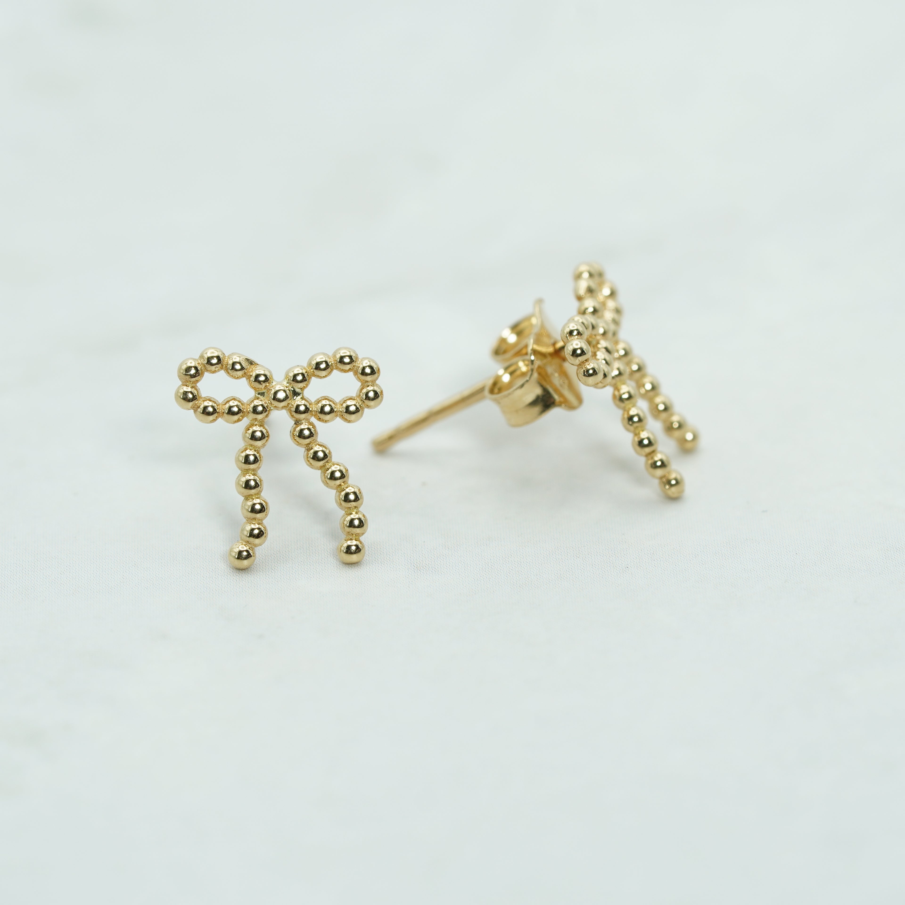 Yellow Gold Beaded Bow Stud Earrings
