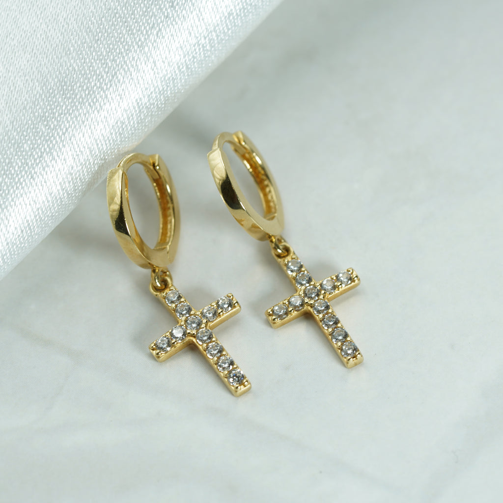 Yellow Gold Zircon Cross Drop Earrings