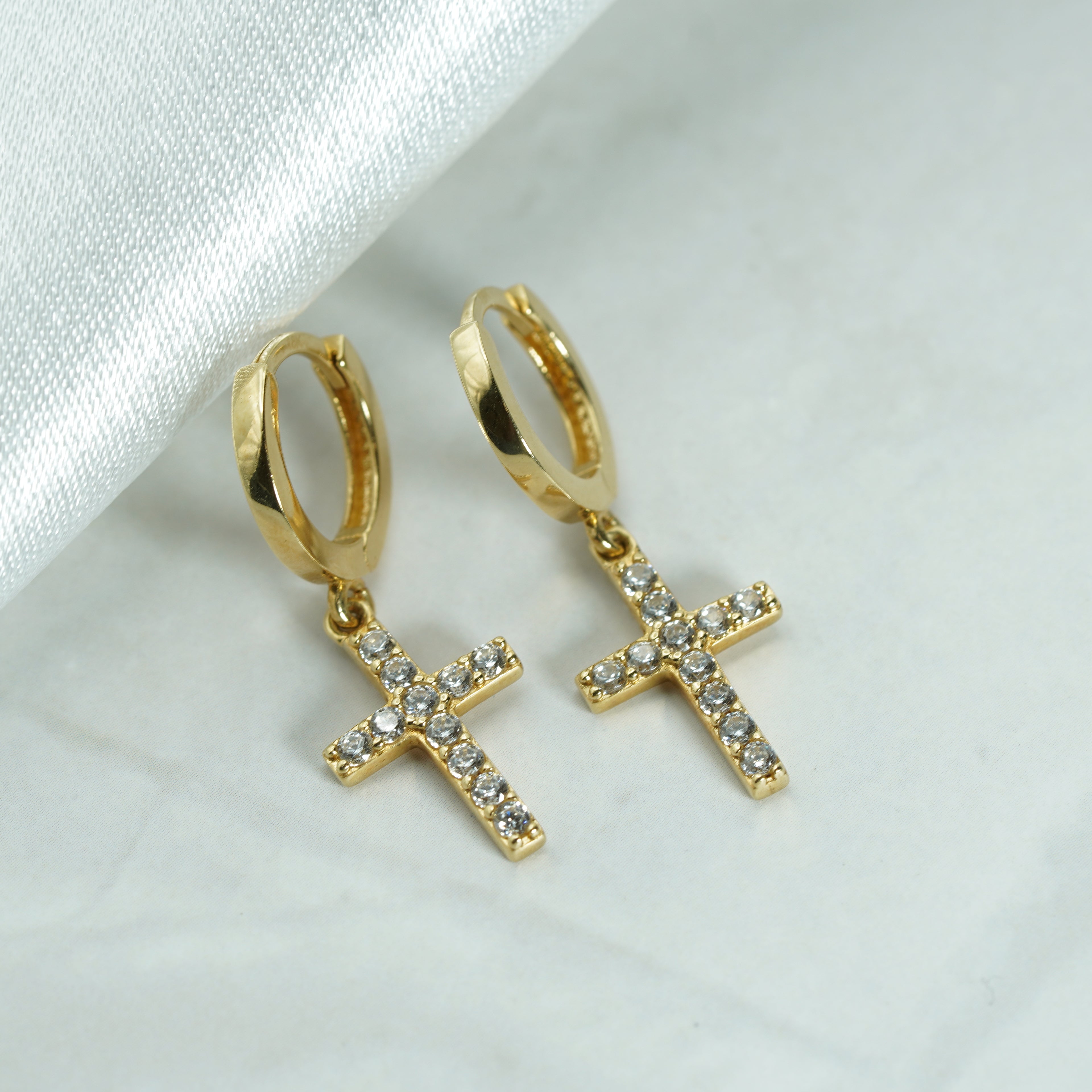 Yellow Gold Zircon Cross Drop Earrings