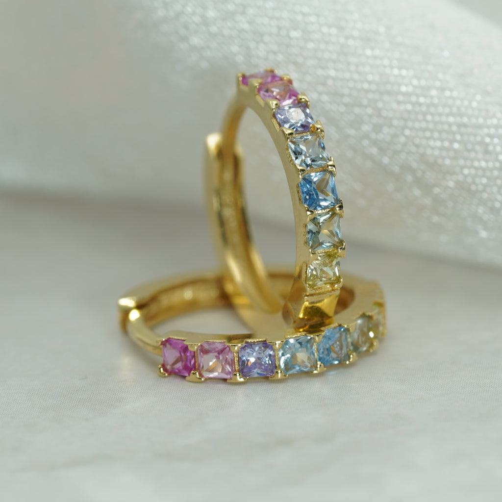 Yellow Gold Multi-Color Zircon Hoop Earrings