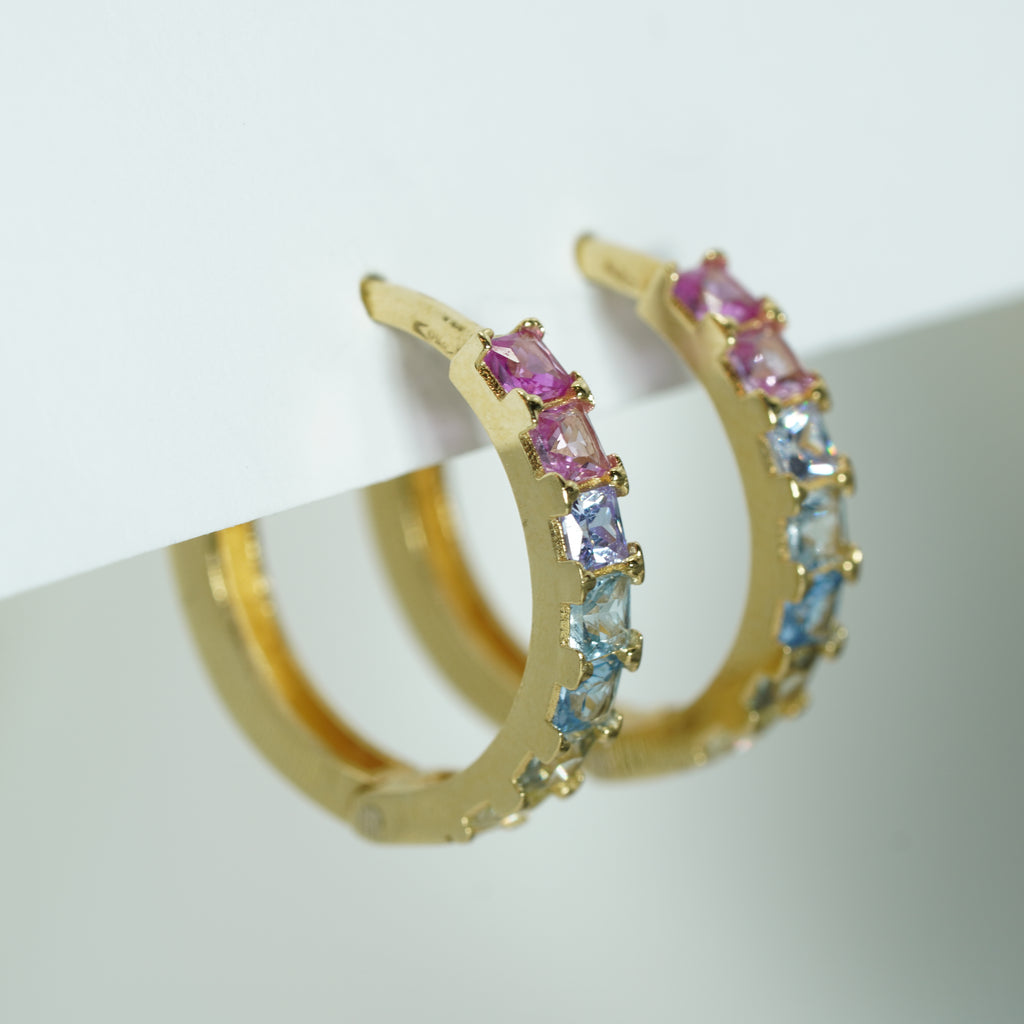 Yellow Gold Multi-Color Zircon Hoop Earrings