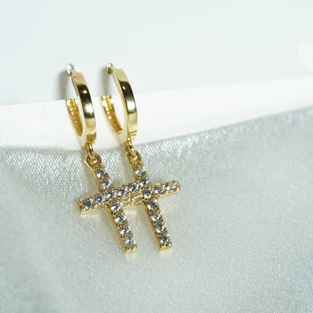 Yellow Gold Zircon Cross Drop Earrings