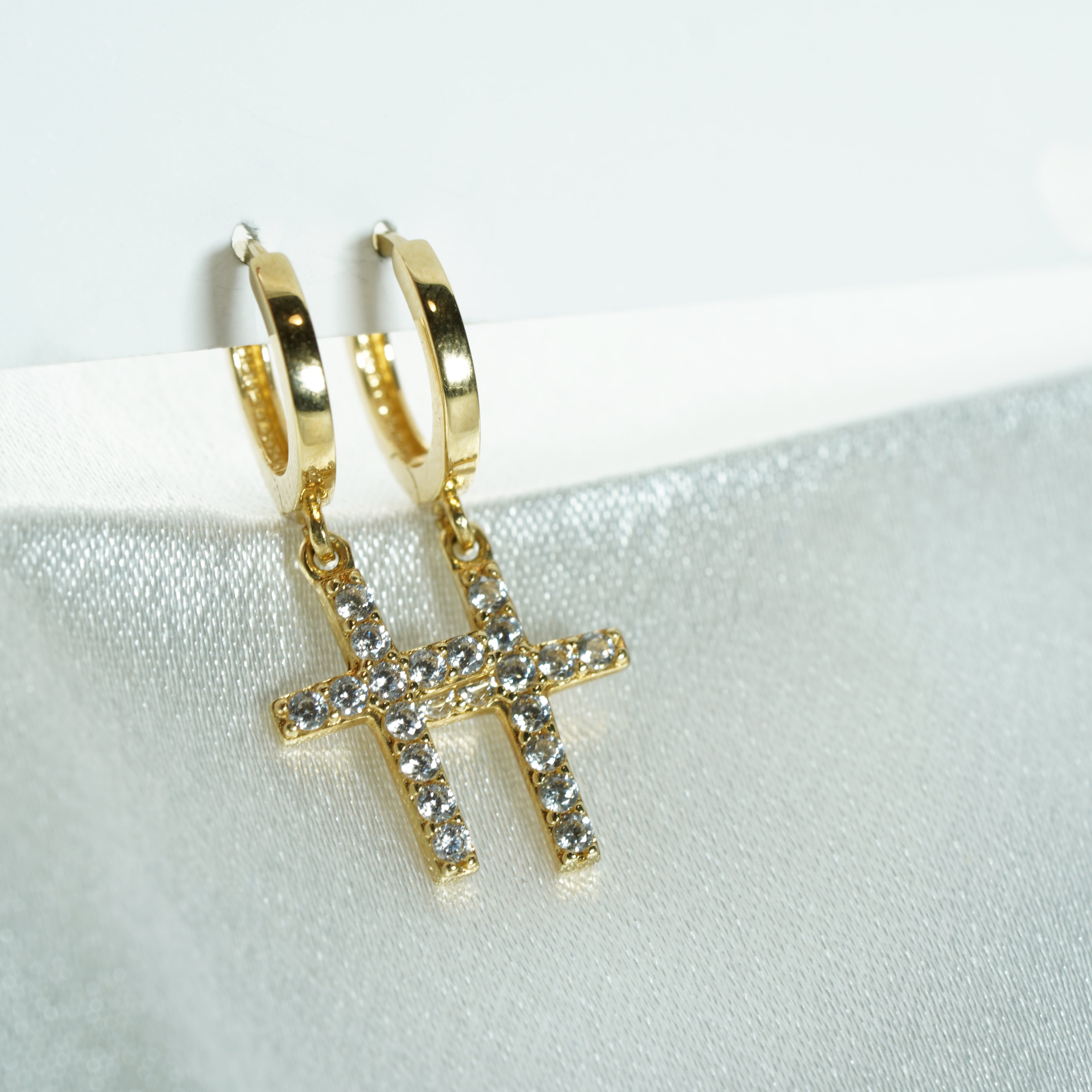 Yellow Gold Zircon Cross Drop Earrings