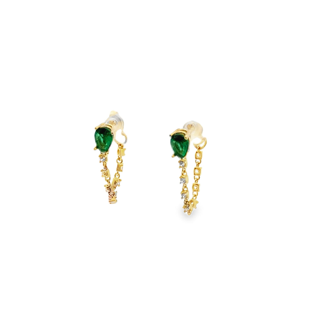 Yellow Gold Green Zircon Chain Drop Earrings