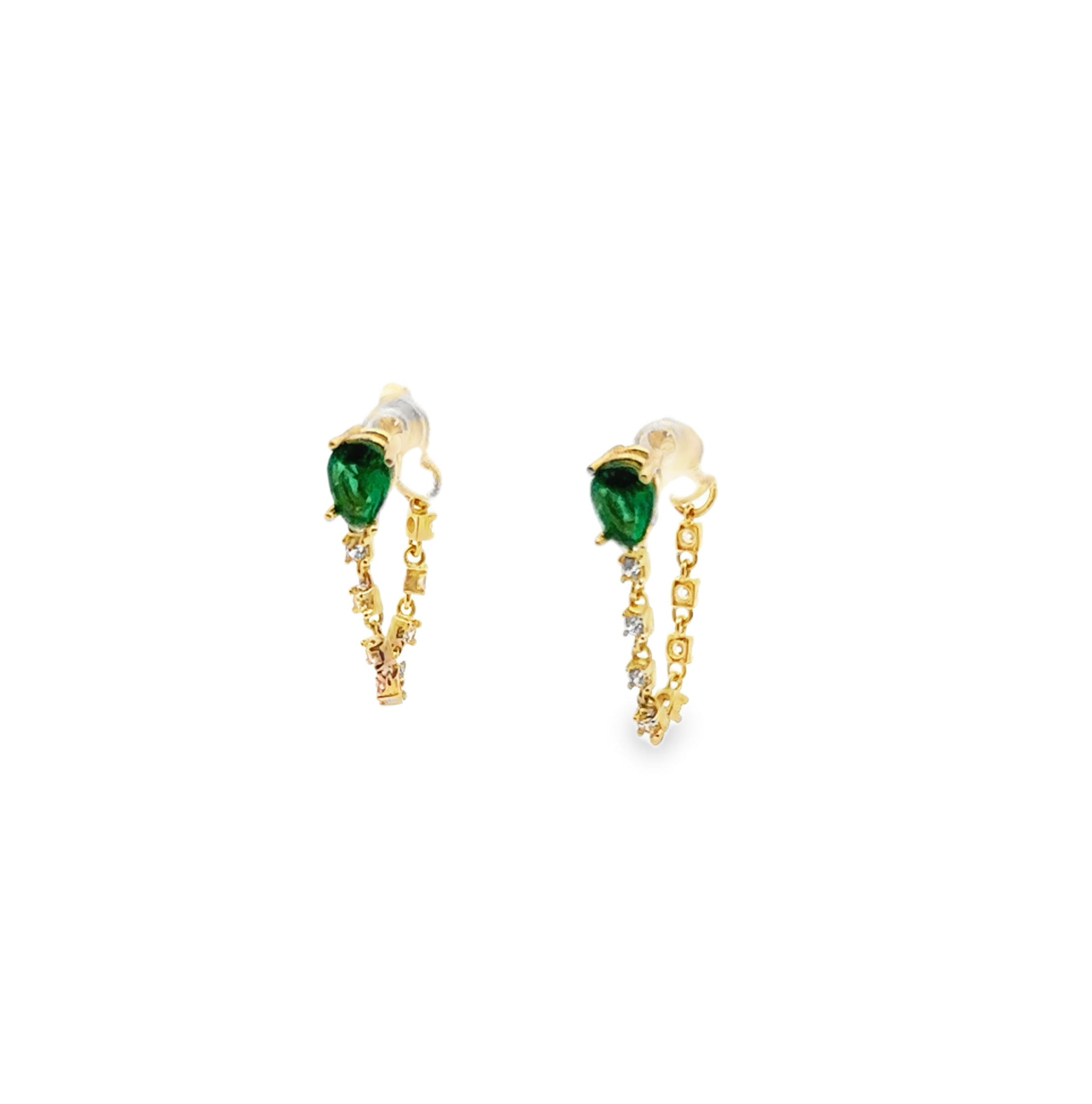 Yellow Gold Green Zircon Chain Drop Earrings