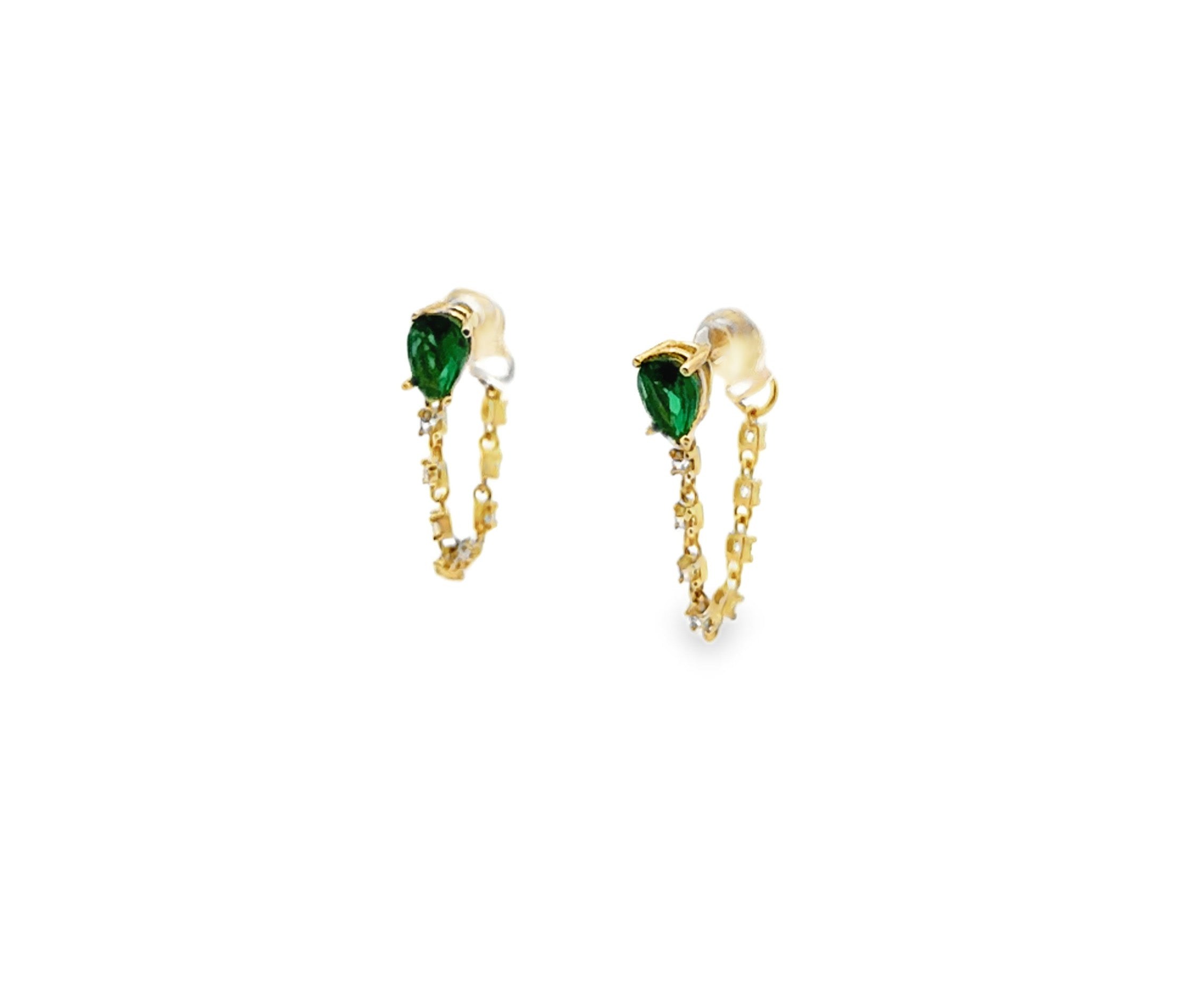 Yellow Gold Green Zircon Chain Drop Earrings