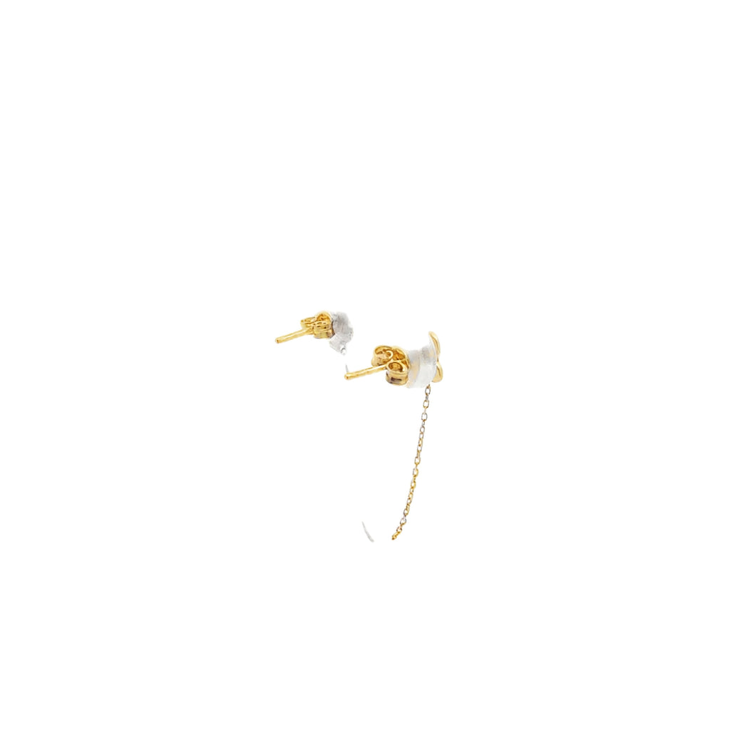 Yellow Gold Onyx Clover Double Stud Chain Earring
