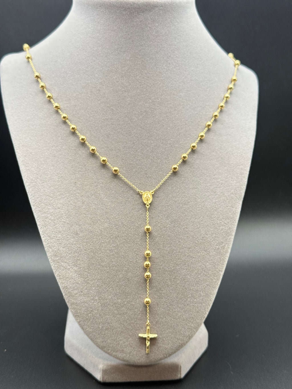 Yellow Gold Beaded Rosary Y-Necklace with Cross Pendant