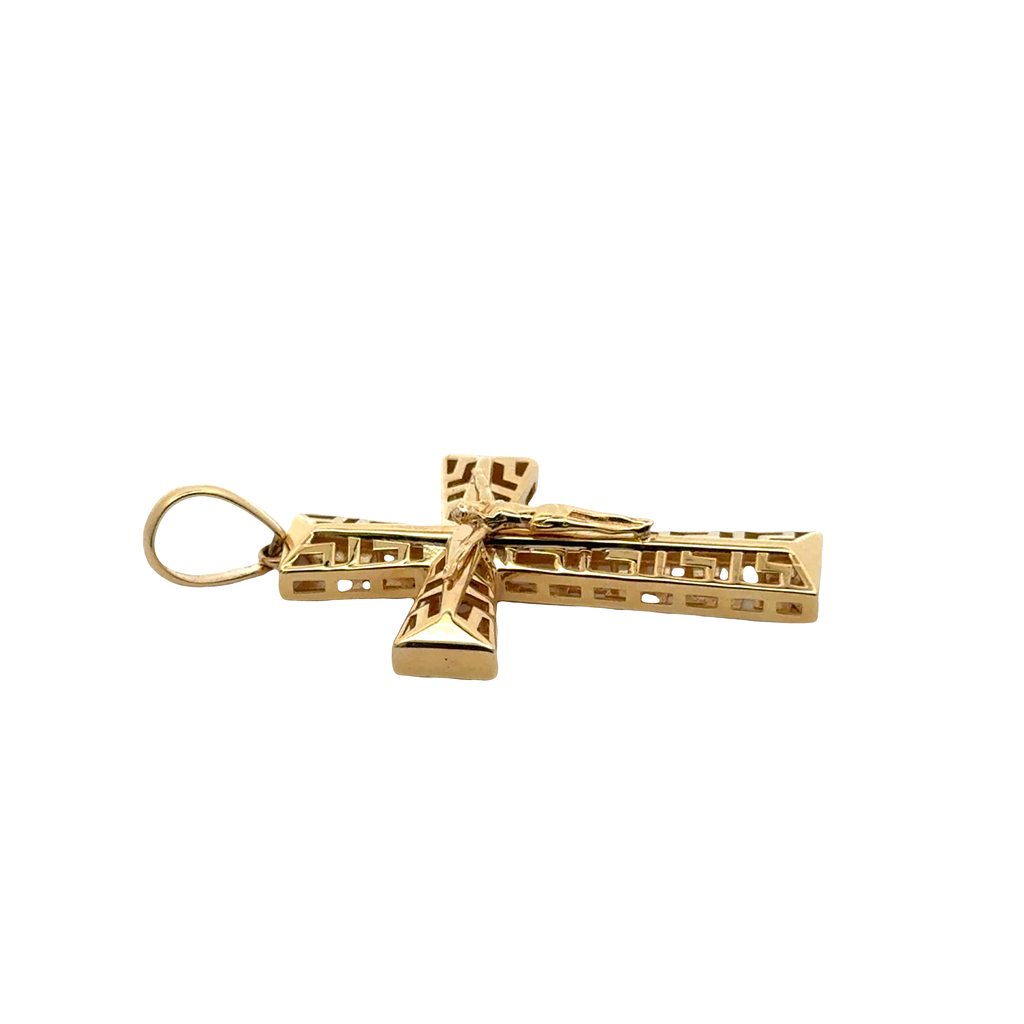 Yellow Gold Greek Key Cutout Crucifix Pendant