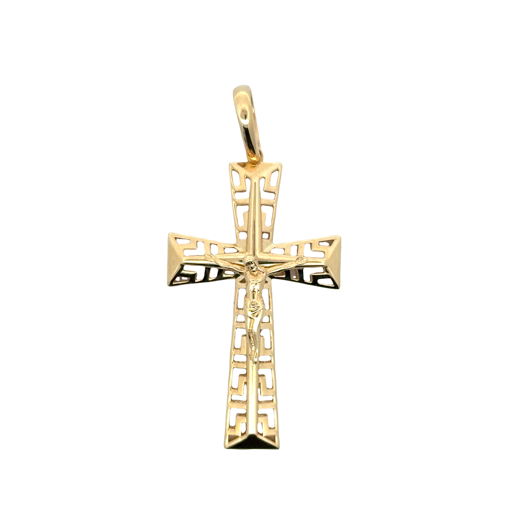 Yellow Gold Greek Key Cutout Crucifix Pendant