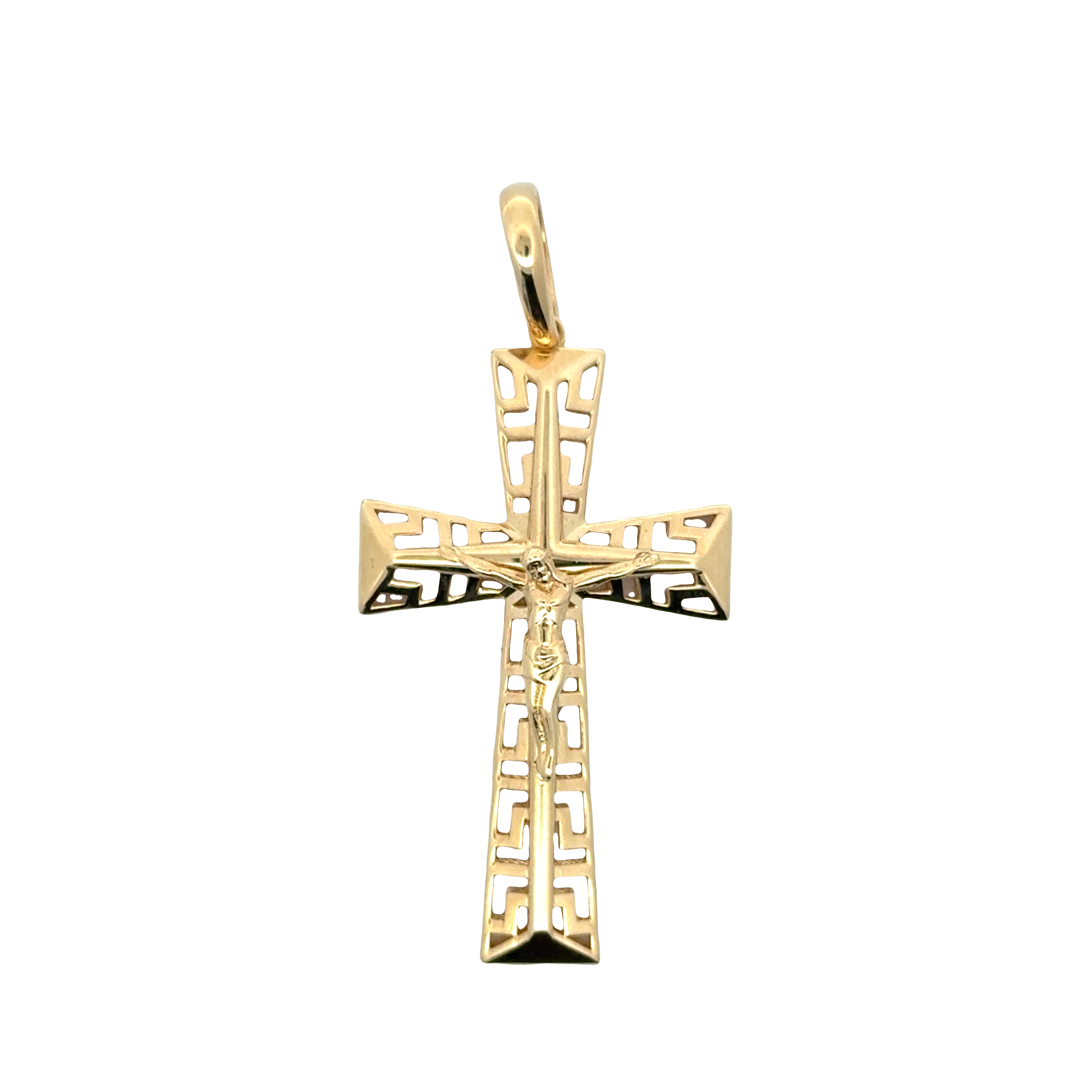 Yellow Gold Greek Key Cutout Crucifix Pendant