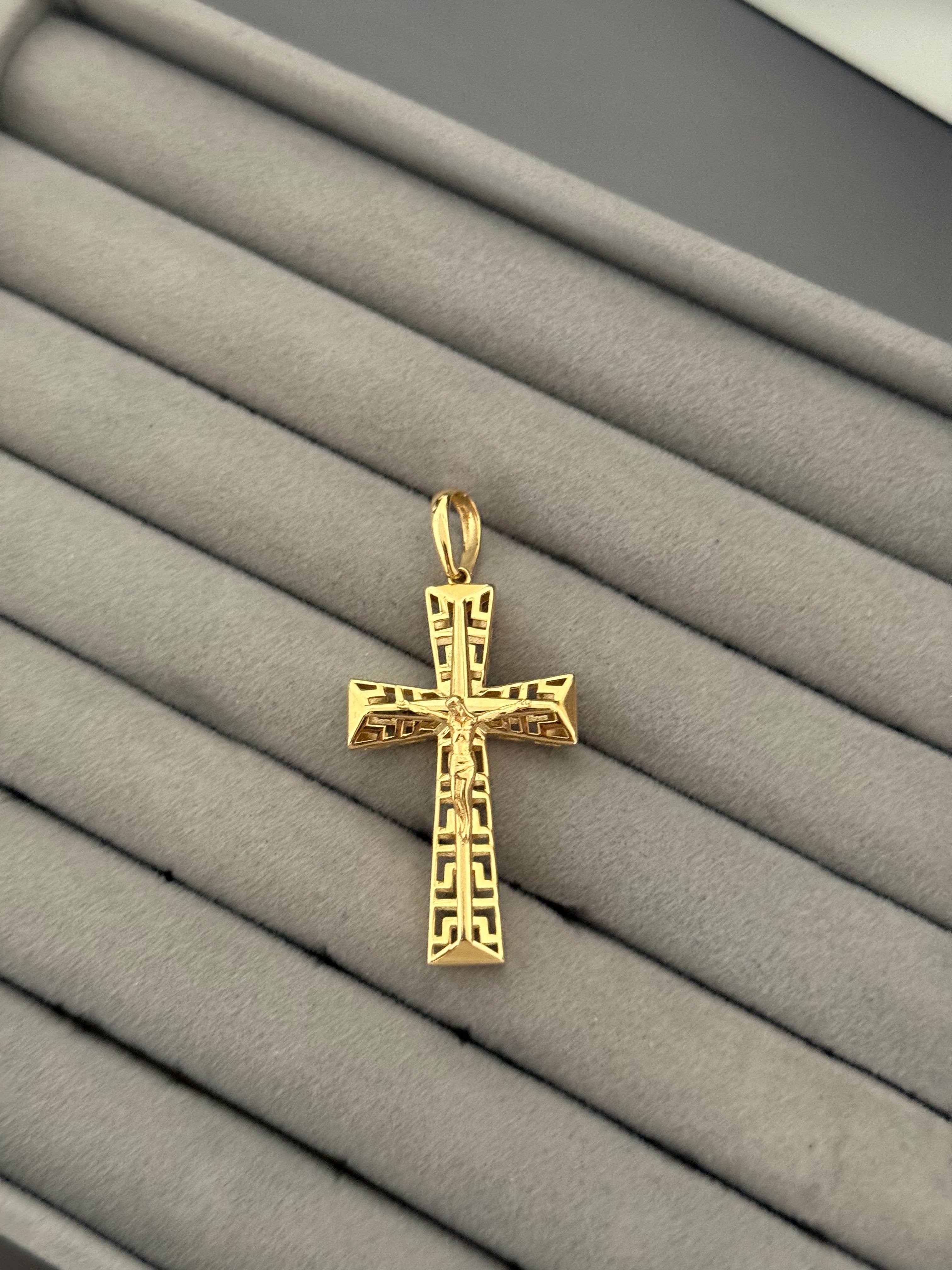 Yellow Gold Greek Key Cutout Crucifix Pendant