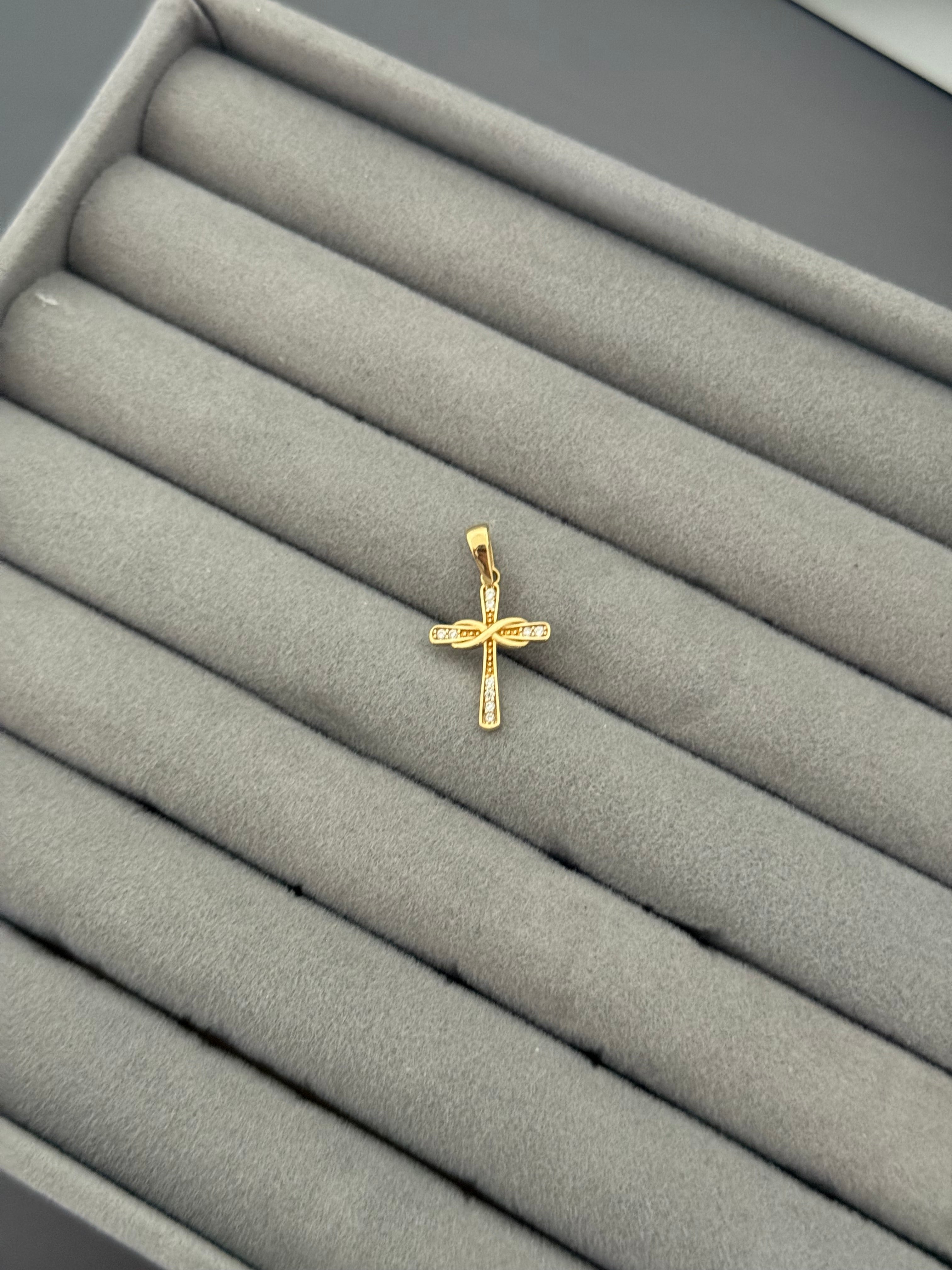 Yellow Gold Infinity Cross Pendant with Zircon Accents