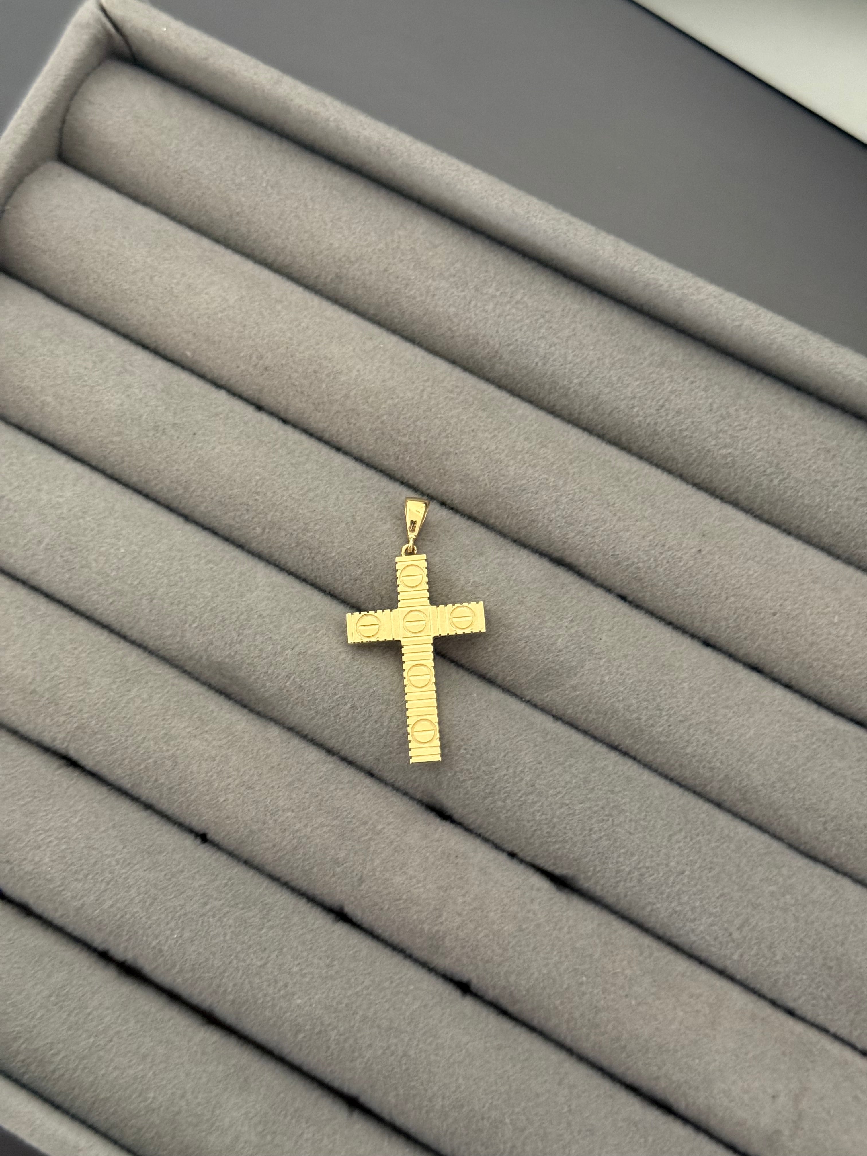 Textured Yellow Gold Screw Motif Cross Pendant