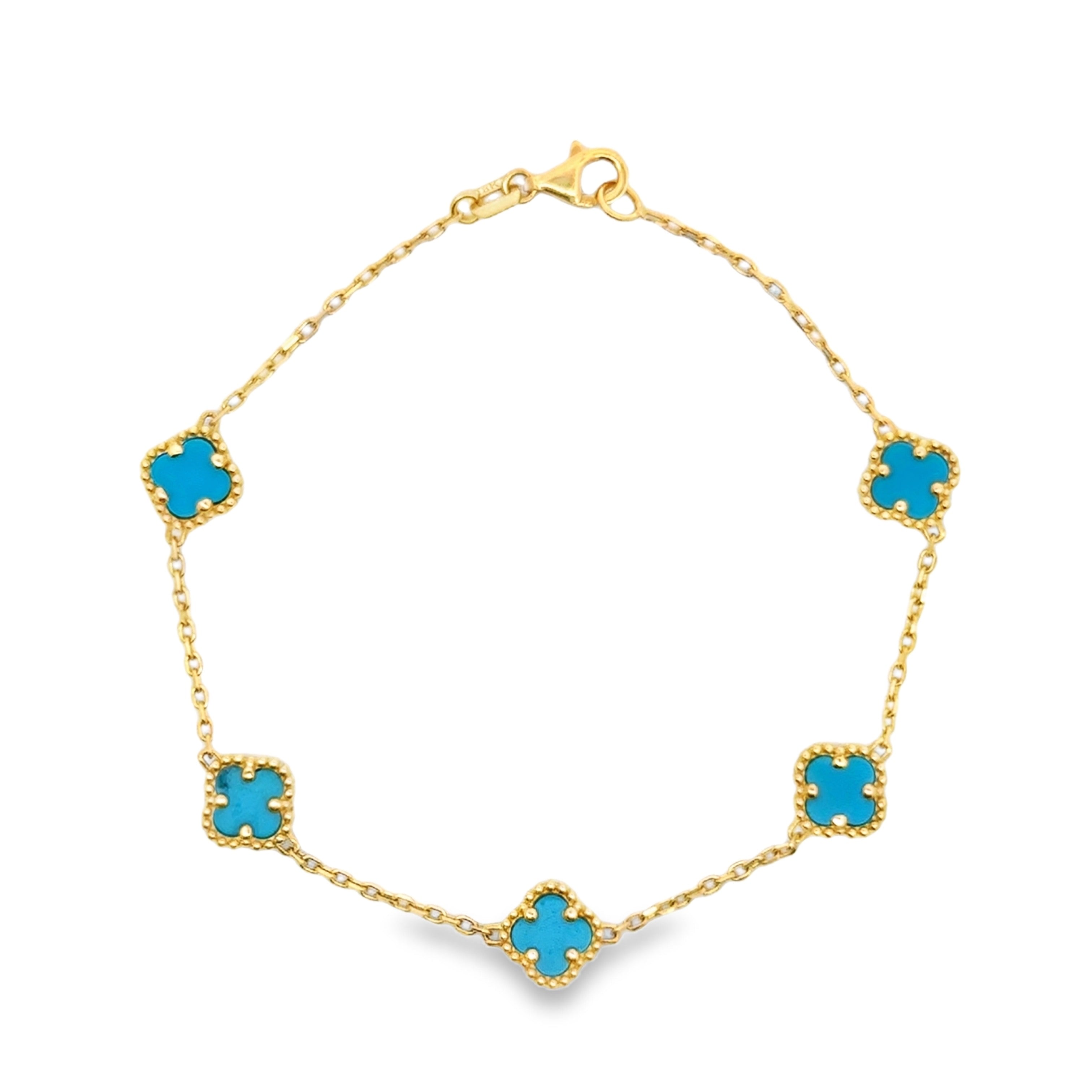 Yellow Gold Turquoise Clover Station Chain Bracelet